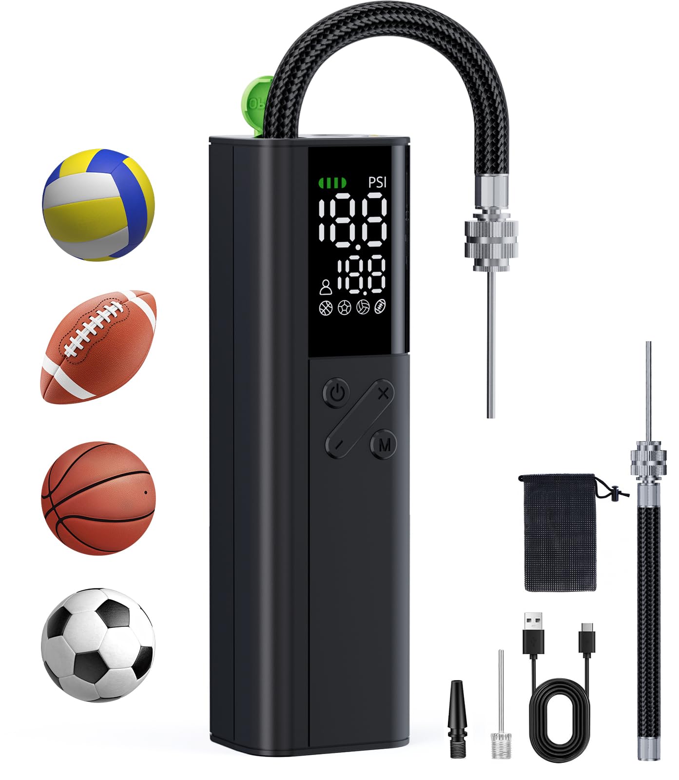 Olgeo Electric Ball Pump, 4X Faster Portable Air Pump with Pressure Gauge and Digital LCD Display for Basketball, Soccer Ball, Football, Volleyball, Sports Ball