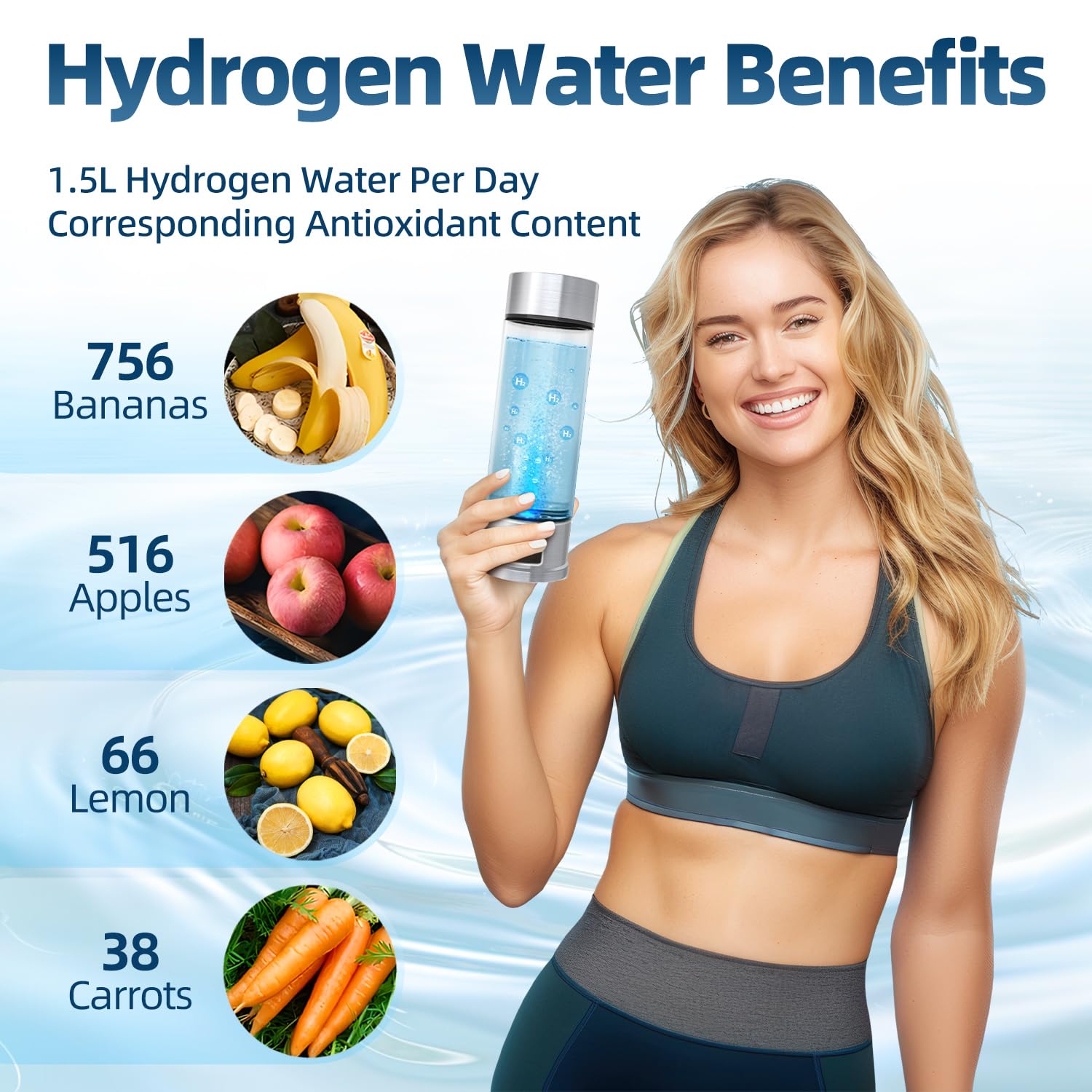 Botella de agua de hidrógeno, generador de botellas de agua de hidrógeno, botella de agua de iones portátil de 1500 PPB con tecnología SPE/PEM, máquina de agua de hidrógeno para el hogar,