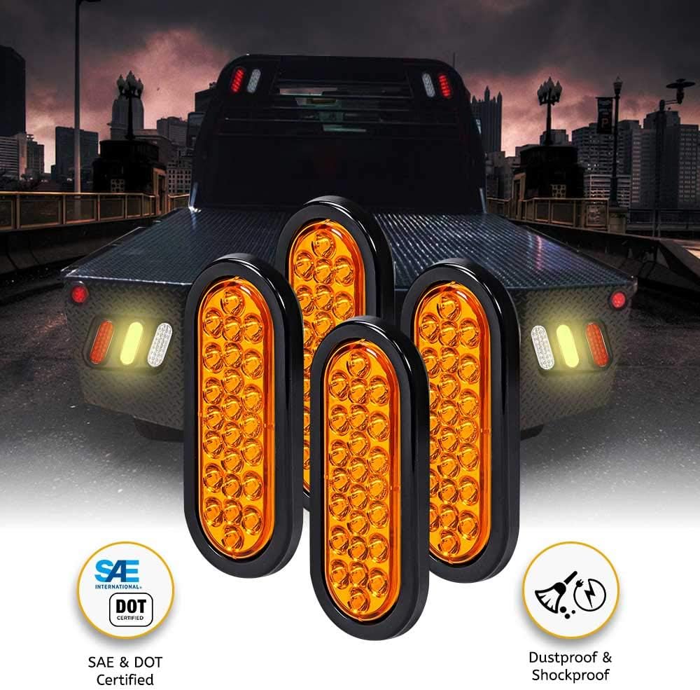 Abrams 6" Inch Amber 24 LED Trailer Tail Light - Oval Truck Park Turn Signal Lights – DOT Certified - IP67 Waterproof RV Semi Truck Taillight – Bright Colored Lens, Grommet & Plugs Included - 4 Pack