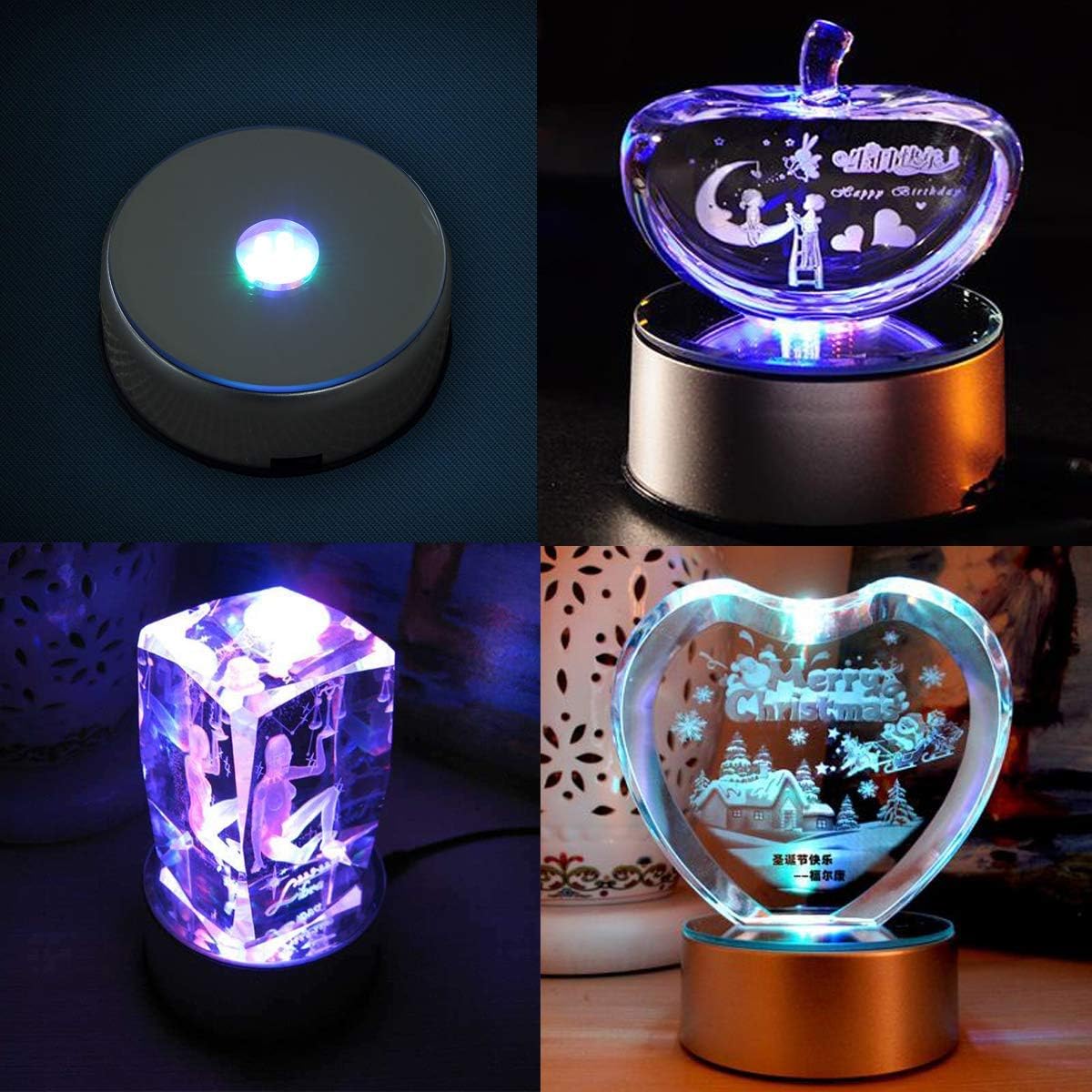 Walfront 4" 7 LED Display Base for Crystals Glass Art,Colorful Light Rotating Crystal Display Base Stand with AC Adapter