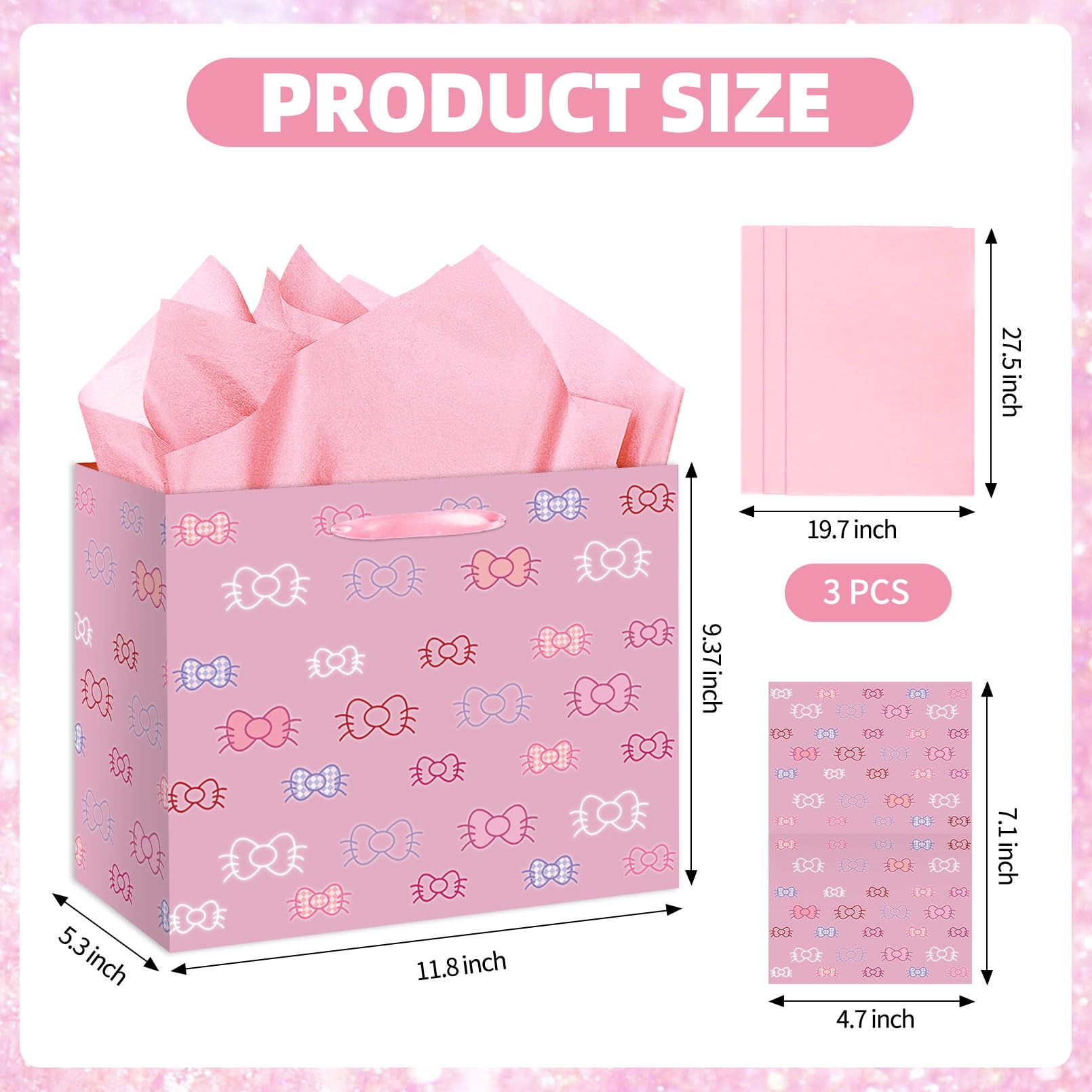 HSKMAKE Kawaii Cartoon Birthday Gift Bag for Girls, Cute Cat Theme Gift Bag with Greeting Card and Tissue Paper for Baby Shower, Birthday Party Decorations Supplies