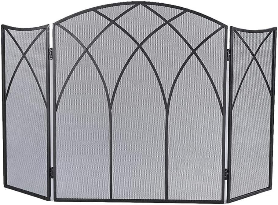 Arch Frame 3-Panel Fireplace Screen, Iron Mesh Spark Guard Cover - Elegant Design for Home Safety and Style (Color: Noir)