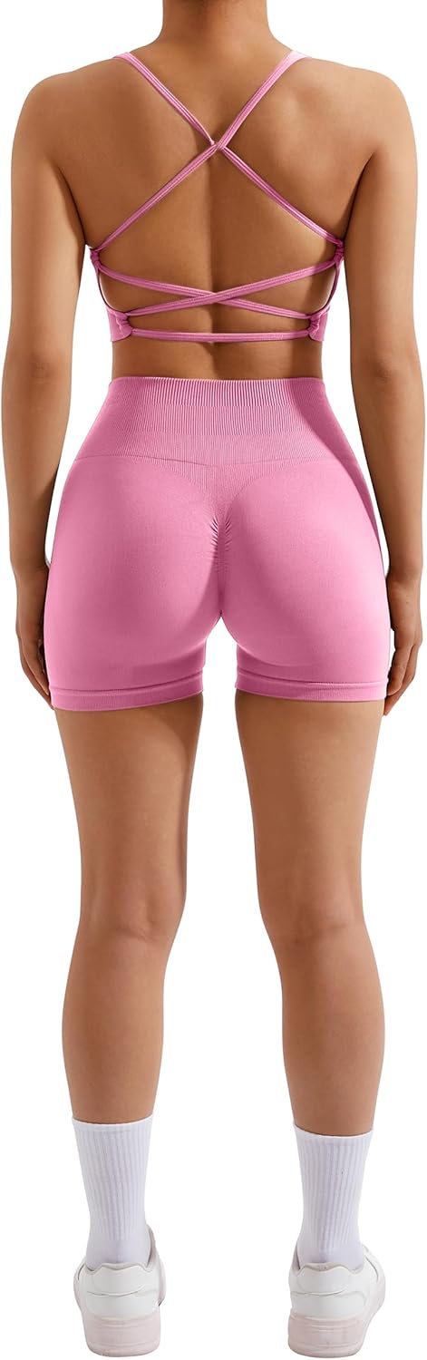 RXRXCOCO Seamless Workout Sets for Women 2 Piece Strappy Sports Bras Scrunch Butt Booty Shorts Matching Yoga Tracksuits - Image 4