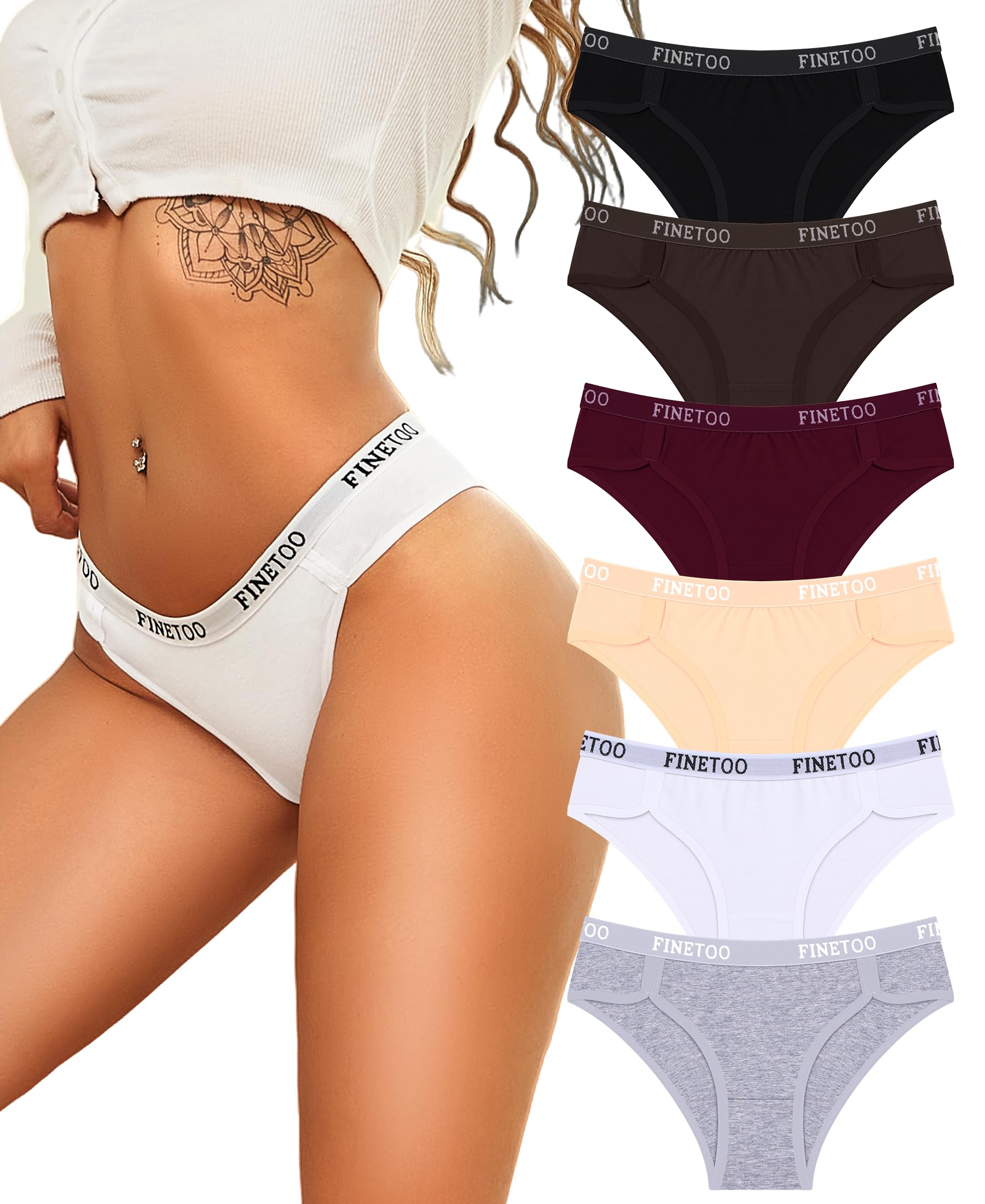 FINETOO Unterhosen Damen Baumwolle Slips Atmungsaktive Unterwäsche Sportunterwäsche Weich Sexy Hipster Frauen Logo-Bund-Sport-Slip 6er Pack Bikini Mehrpack