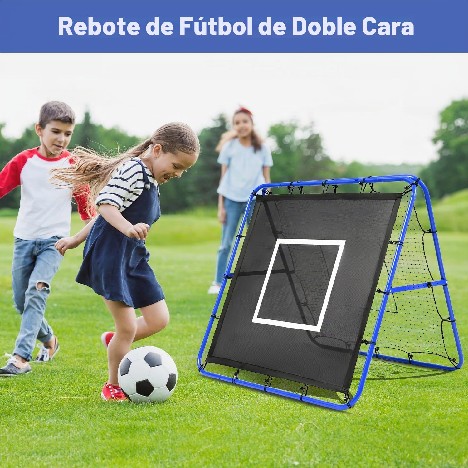 Bagail red de rebote de doble cara,barra de pintura reforzada, ángulo ajustable, estructura plegable, red de rebote con objetivos de entrenamiento de habilidades, portería de fútbol portátil de jardín