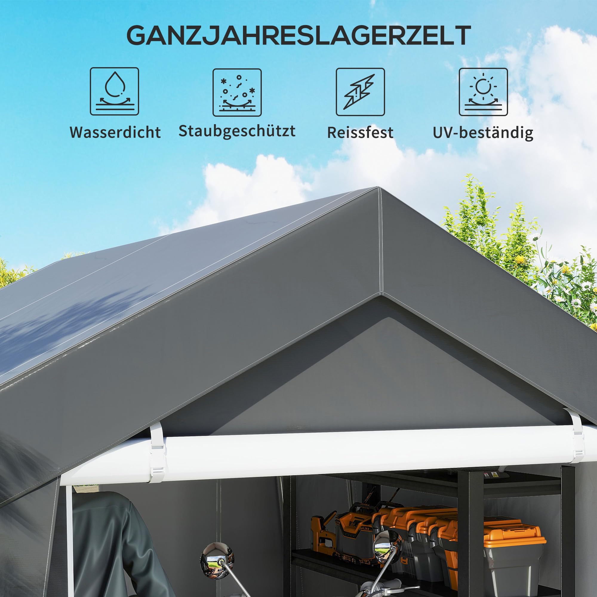Outsunny Garagenzelt 3x3 m Wasserdicht Gerätezelt mit Rolltür Belüftungsfenster Verlängerte Kanten, UV-beständig Lagerzelt, Carport Zeltgarage Unterstand für Auto SUV Gartengeräte, Motorrad