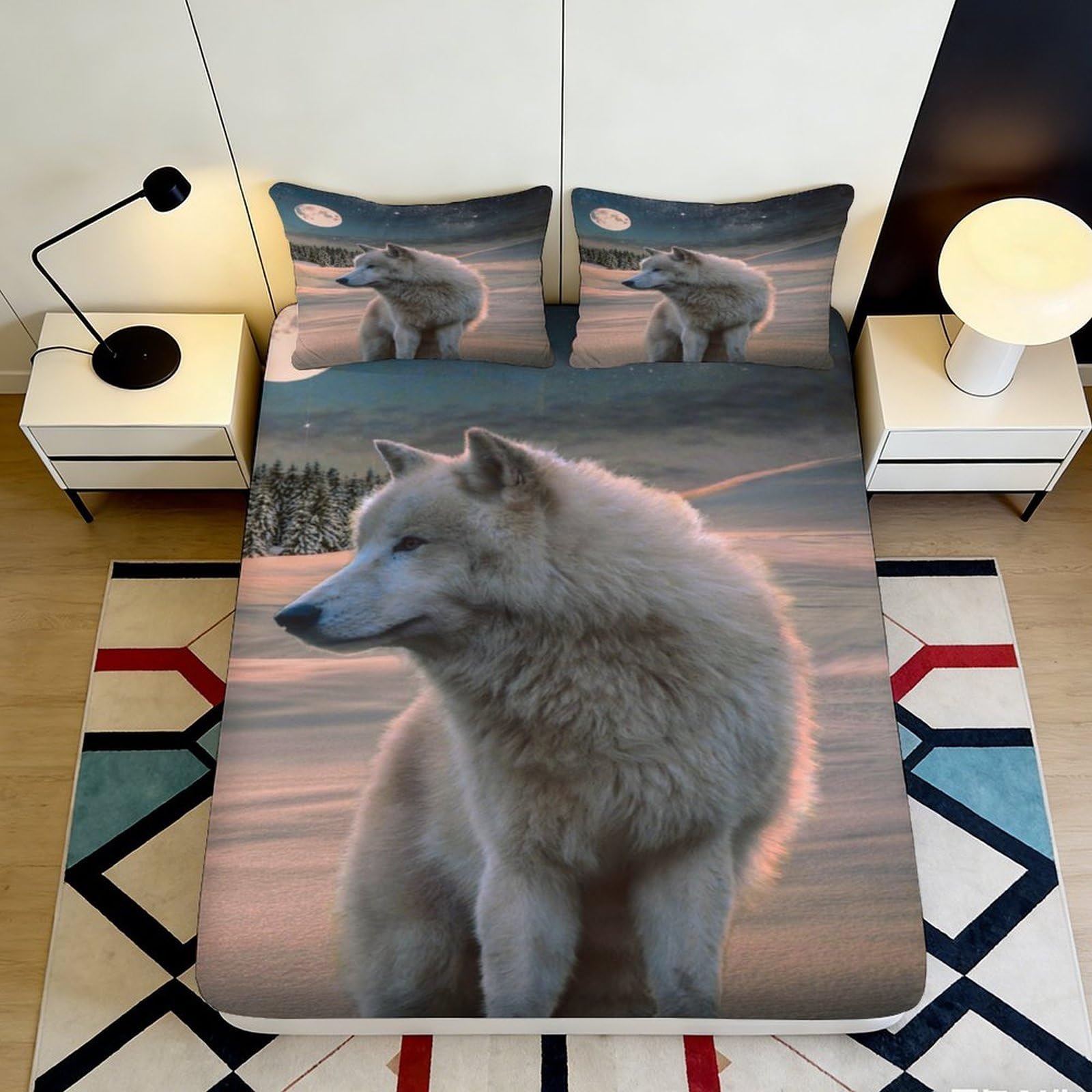 3D Printed Moonlight Wolf Fitted Sheet Microfiber Soft Breathable Forest Bed Cover for Bedroom Dorm Mattress Protection Decor 180x200x25cm