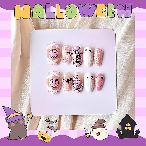 Miniatura 144 de Uñas postizas a presión de Halloween, cuadradas, medianas, francesas, color negro, degradado, cobertura completa, calavera, corazón rosa, con Uñas