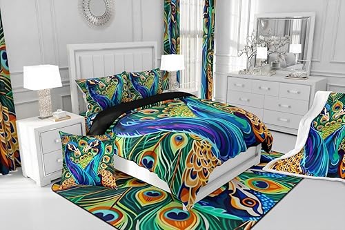 Miniatura 4 de Erosebridal Juego de funda de edredón con estampado de pavo real para niños, tamaño individual, lindo tema de animales, para adultos, adolescentes,