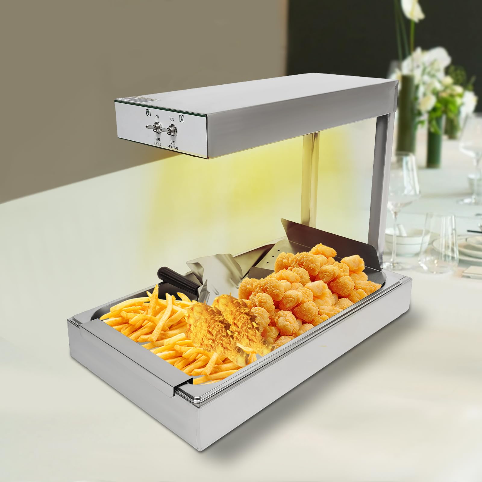 Chauffe-frites, 750 W, 80 °C, 56 x 33 x 46,5 cm, en acier inoxydable, avec lumière au tungstène, pour boulangeries, cafés, fêtes