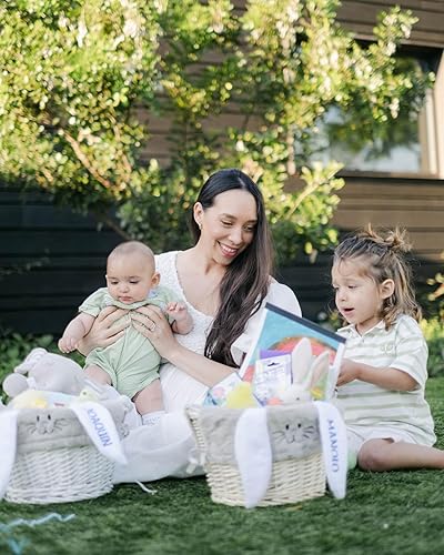 Miniatura 5 de Personalization Universe Cesta de Pascua personalizada de conejo rosa y cesta natural con mango plegable