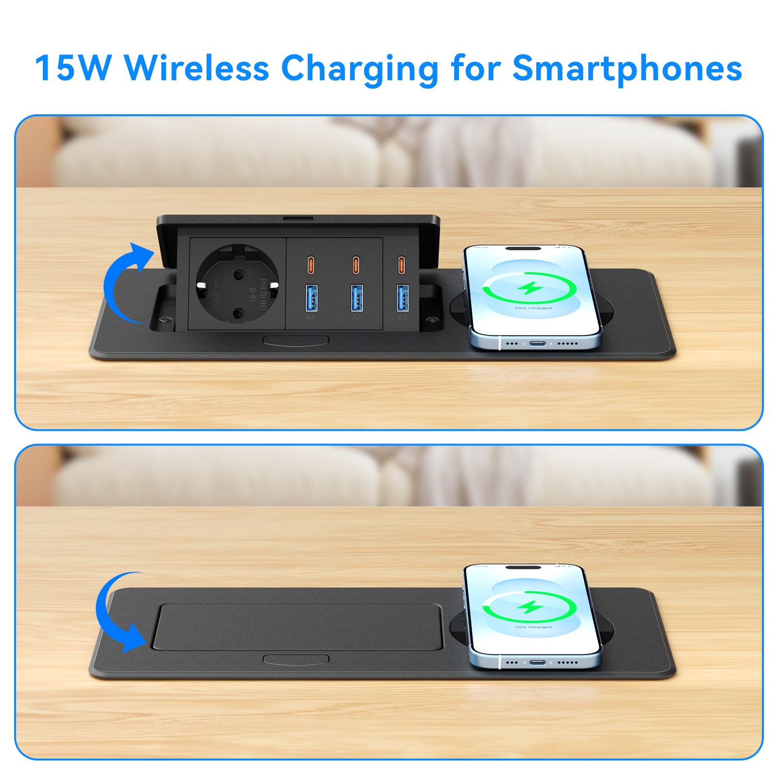 Versenkbare Steckdose mit 6 USB & 15W kabellosem Laden, Schwarz | Einbausteckdose mit USB-C1 PD 30W & USB-A1 30W, 1,8 m Kabel, für Schreibtisch, Büro, Homeoffice & Küche