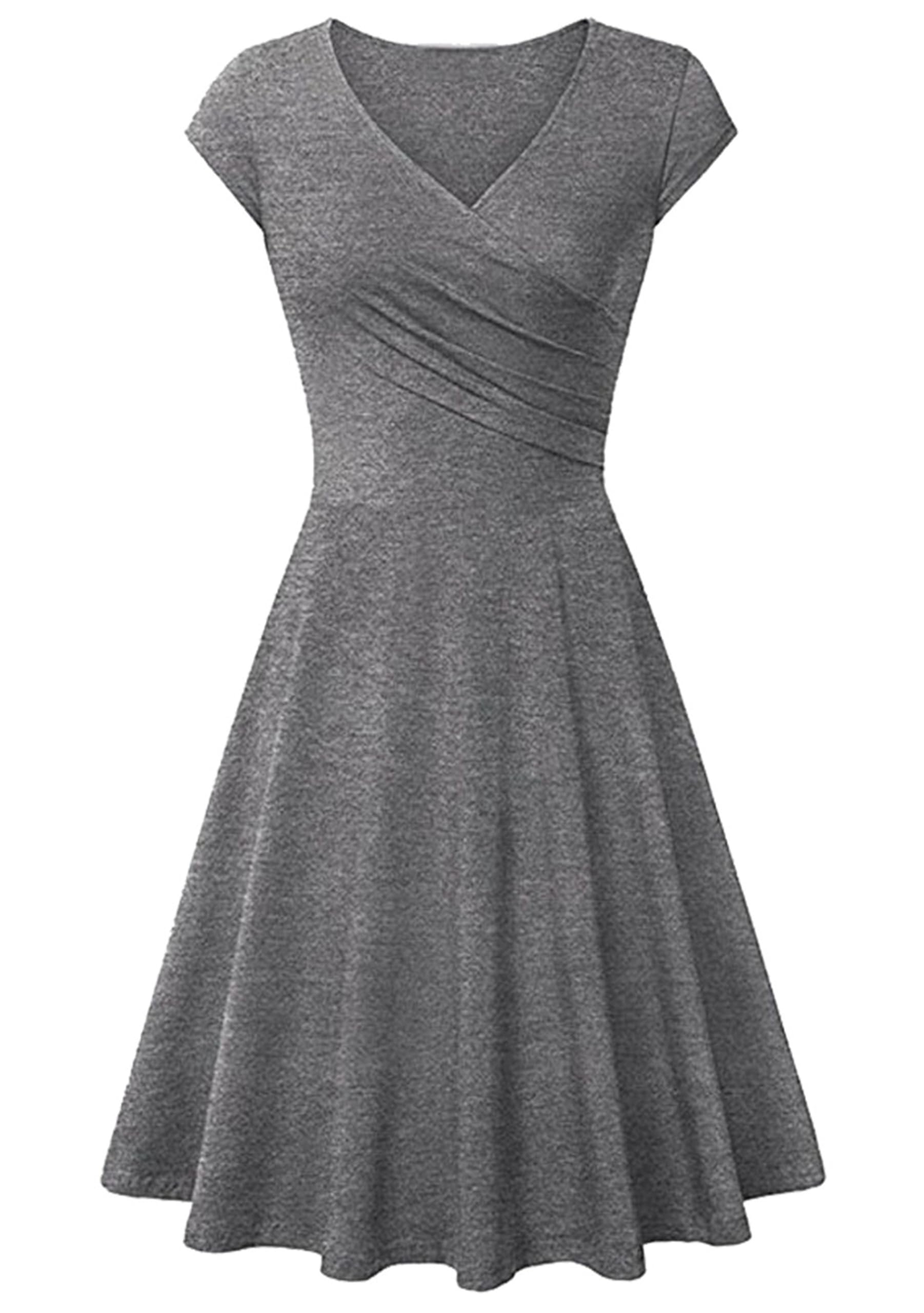 YMING Mujeres Elegante Color Sólido Vestido De Manga Corta Cuello En V Fiesta Cóctel Prom Vestido hasta La Rodilla