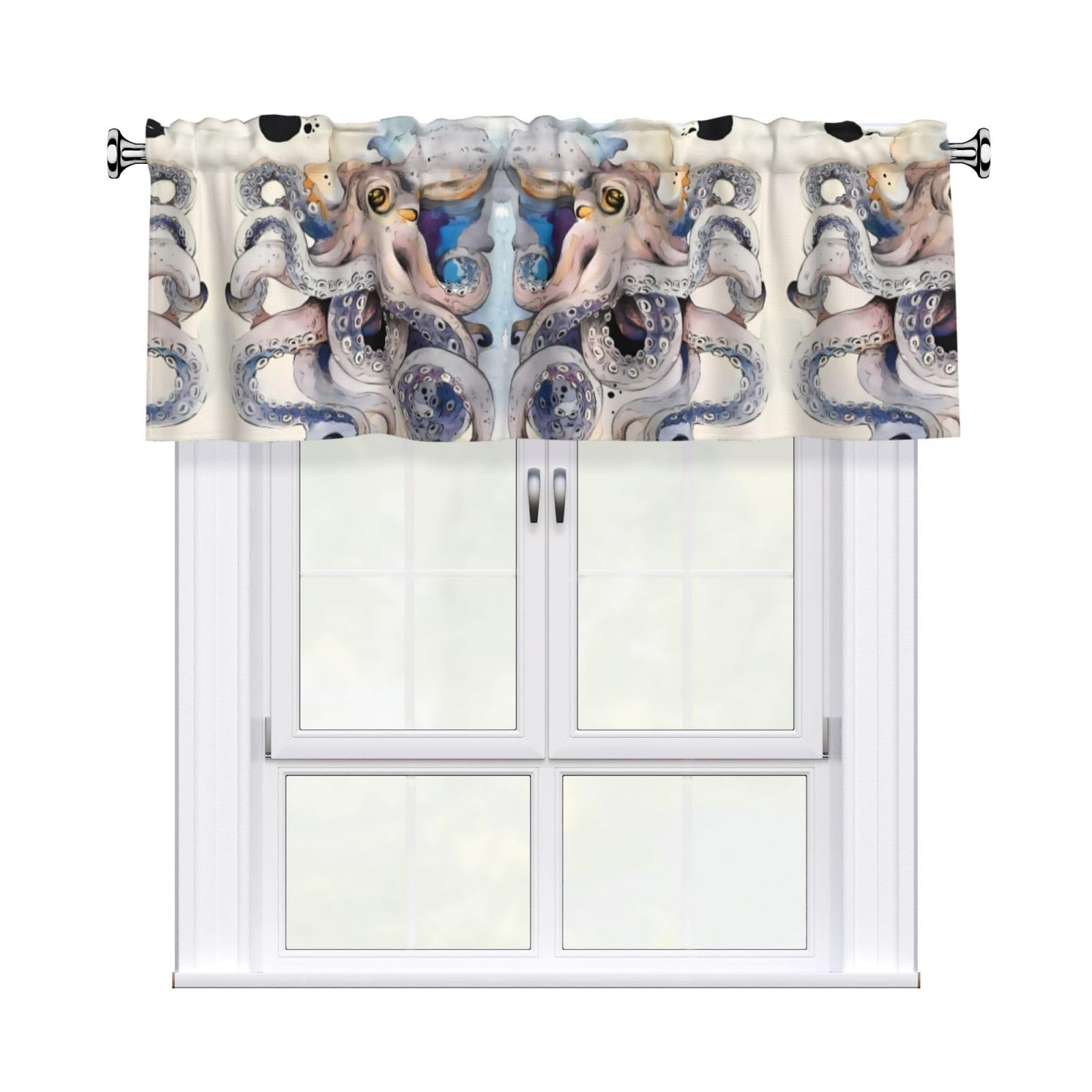 HJFCZH Retro Octopus Prints Curtain Valance 54x18in - Peach Skin Kitchen Window Layer, Filtered Light & Quick-Install Rod Pocket Cover