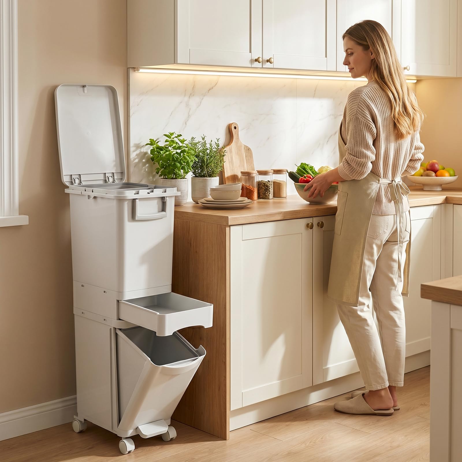 32 L Mülleimer Küche 3 Fächer, Abfalleimer mit Deckel & Pedal, Mülleimer auf Rädern, Mülltrennsystem mit Kippbehälter, Deckel, Schublade, Küchenabfalleimer für Küche & Wohnzimmer, Weiß