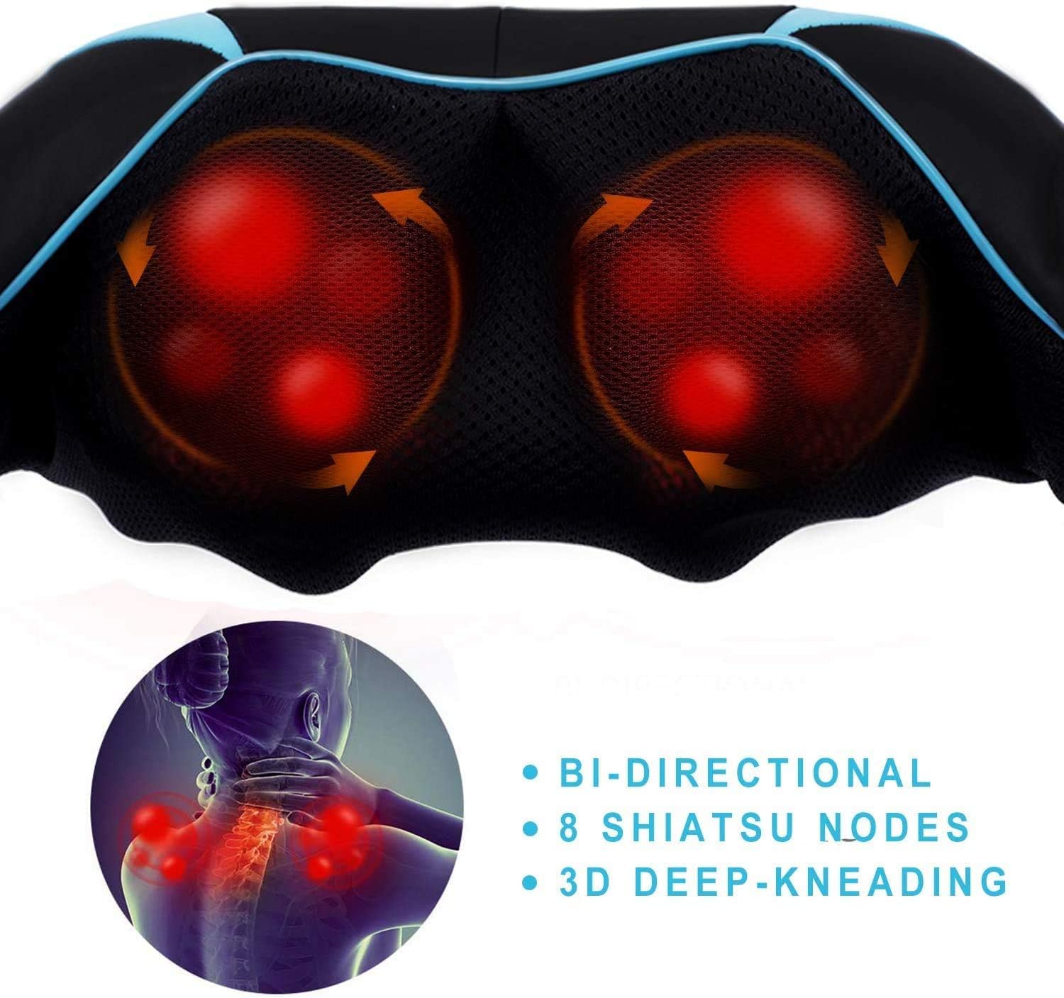 Ledningsfri elektryczne urządzenie do masażu karku, pleców, Shiatsu, z funkcją ogrzewania, rotacja 3D, regulowana prędkość, do domu, biura, samochodu