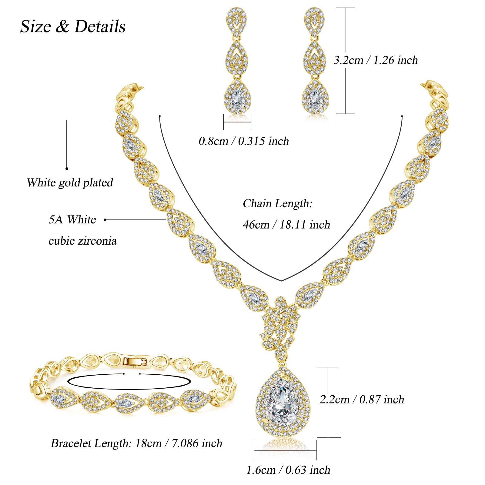 Juego de joyas de boda para mujer, pulsera, collar y pendientes de lágrima de plata con circonita cúbica, juego de joyas chapado en circonita cúbica para novia para boda con caja de regalo