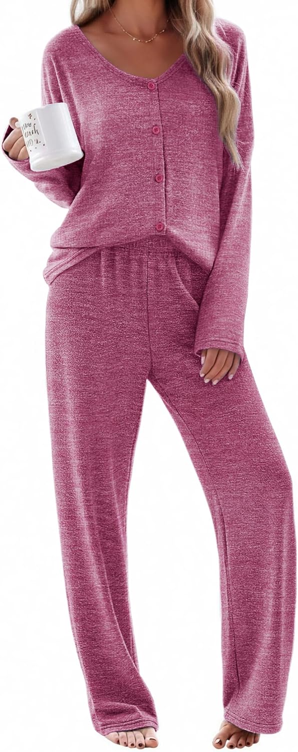 Ekouaer Womens Pajama Sets Button Up Long Sleeve Pjs Soft Lounge Set 2 Piece Sleepwear with Pockets