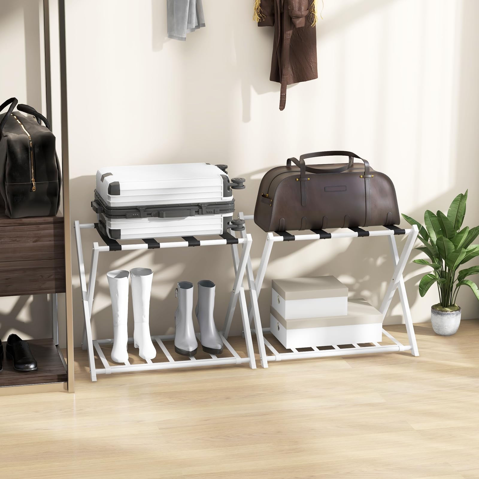 SOARS Lot de 2 Porte-Valises Pliants en Métal, 68 x 45 x 57 cm, Porte Bagages avec 2 Étagères, Robuste pour Chambre, Hôtel, Charge 80 kg (Blanc)