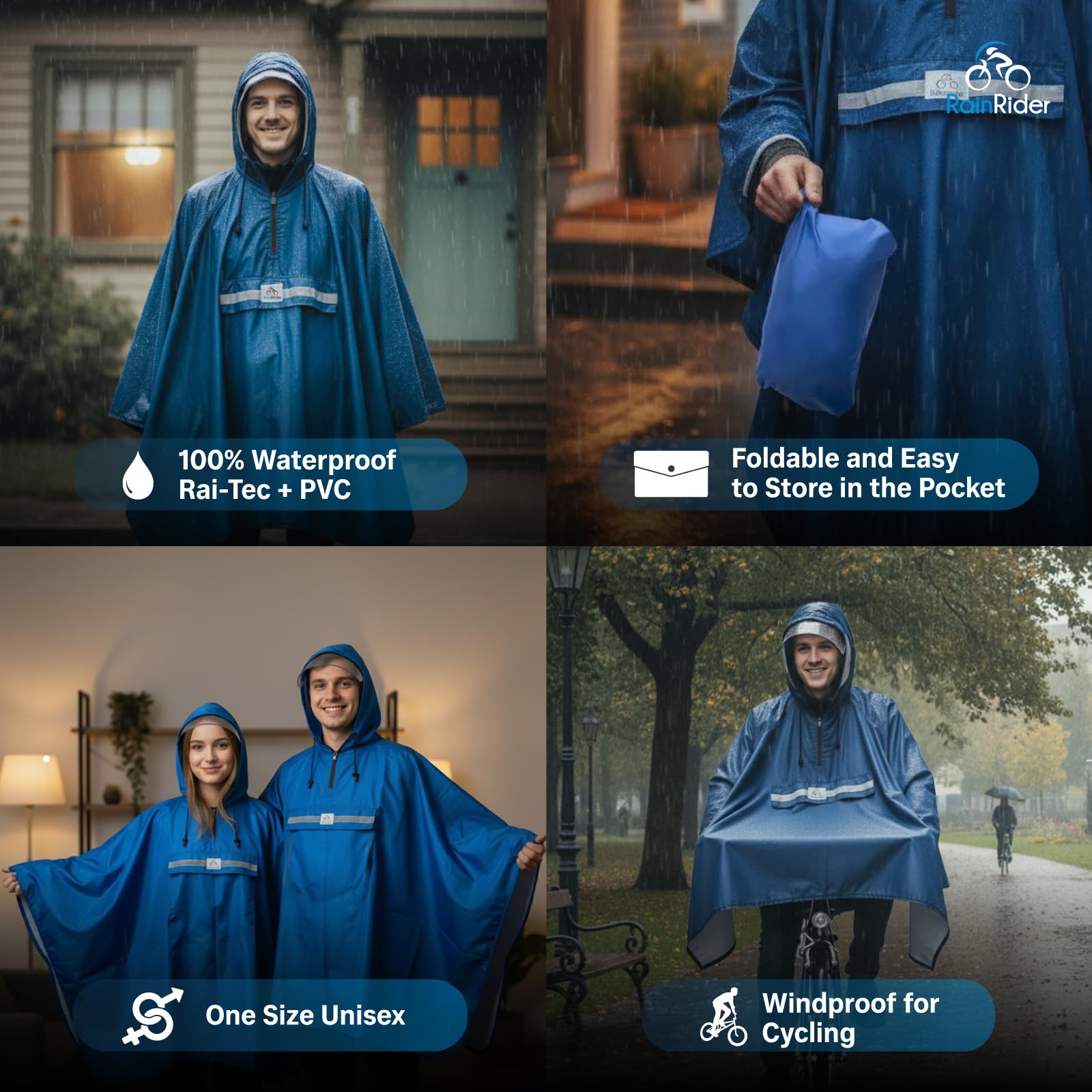 Rainrider Ponczo przeciwdeszczowe na rower, odzież przeciwdeszczowa z kapturem, z okienkiem widocznym, płaszcz przeciwdeszczowy na rower, z odblaskowymi paskami, dla mężczyzn i kobiet