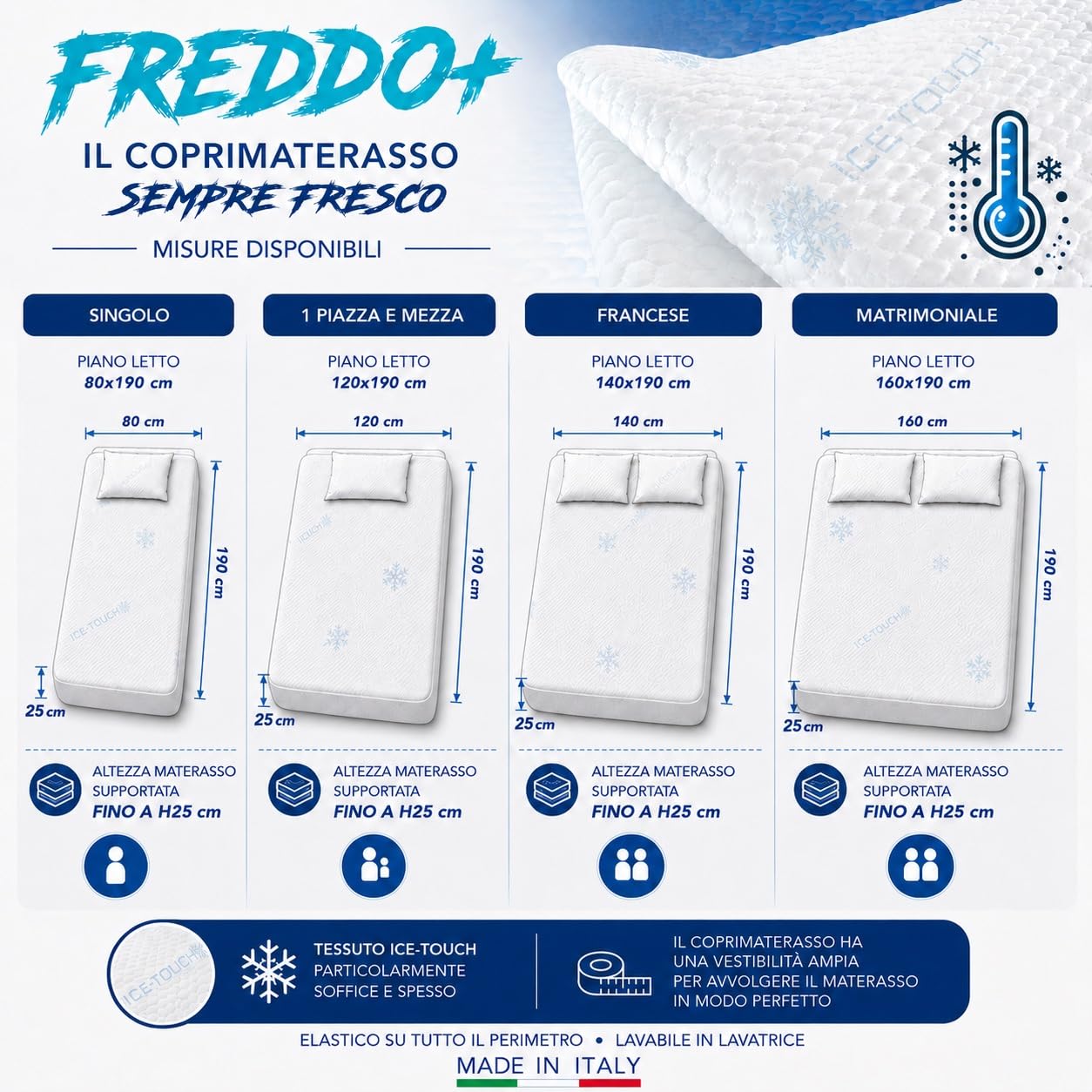 Coprimaterasso Rinfrescante Freddo+ Ice-Touch, Estivo, Termoregolatore, Traspirante, Anti-Umidità, Morbido, Elasticizzato - Singolo 80x200 cm H25