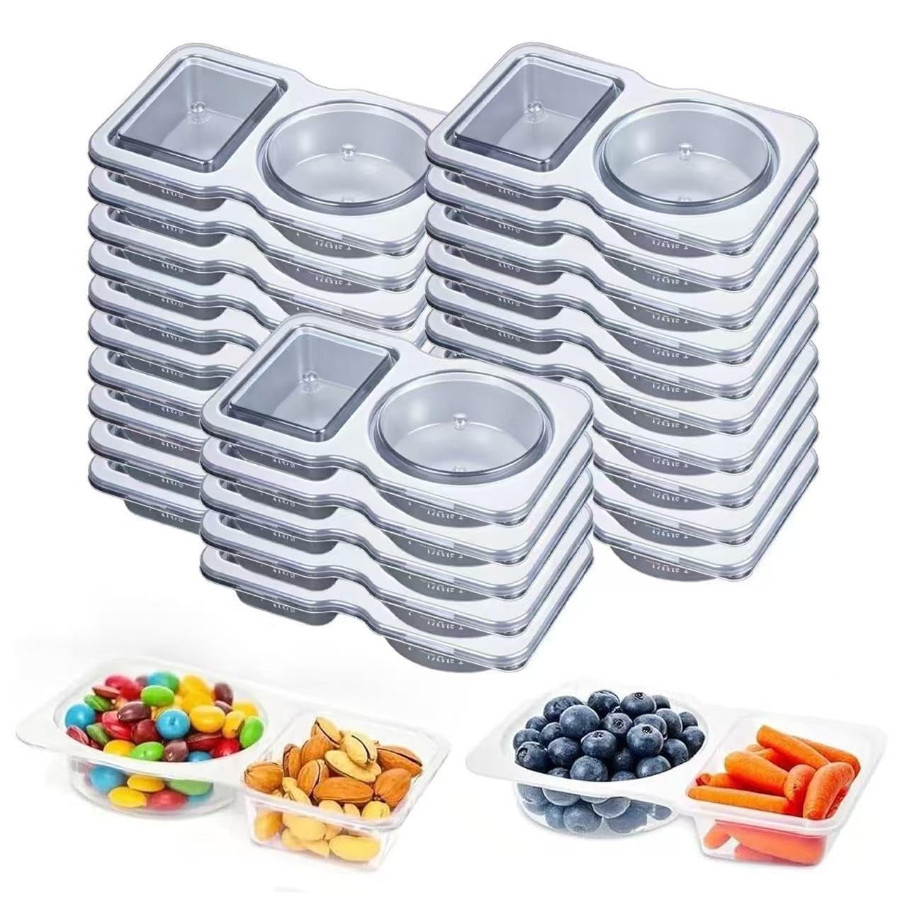 LCHLZZ 3 Contenitori In Silicone Per Snack Con Coperchio – Riutilizzabili A Doppio Scomparto Per Salse E Condimenti - 3