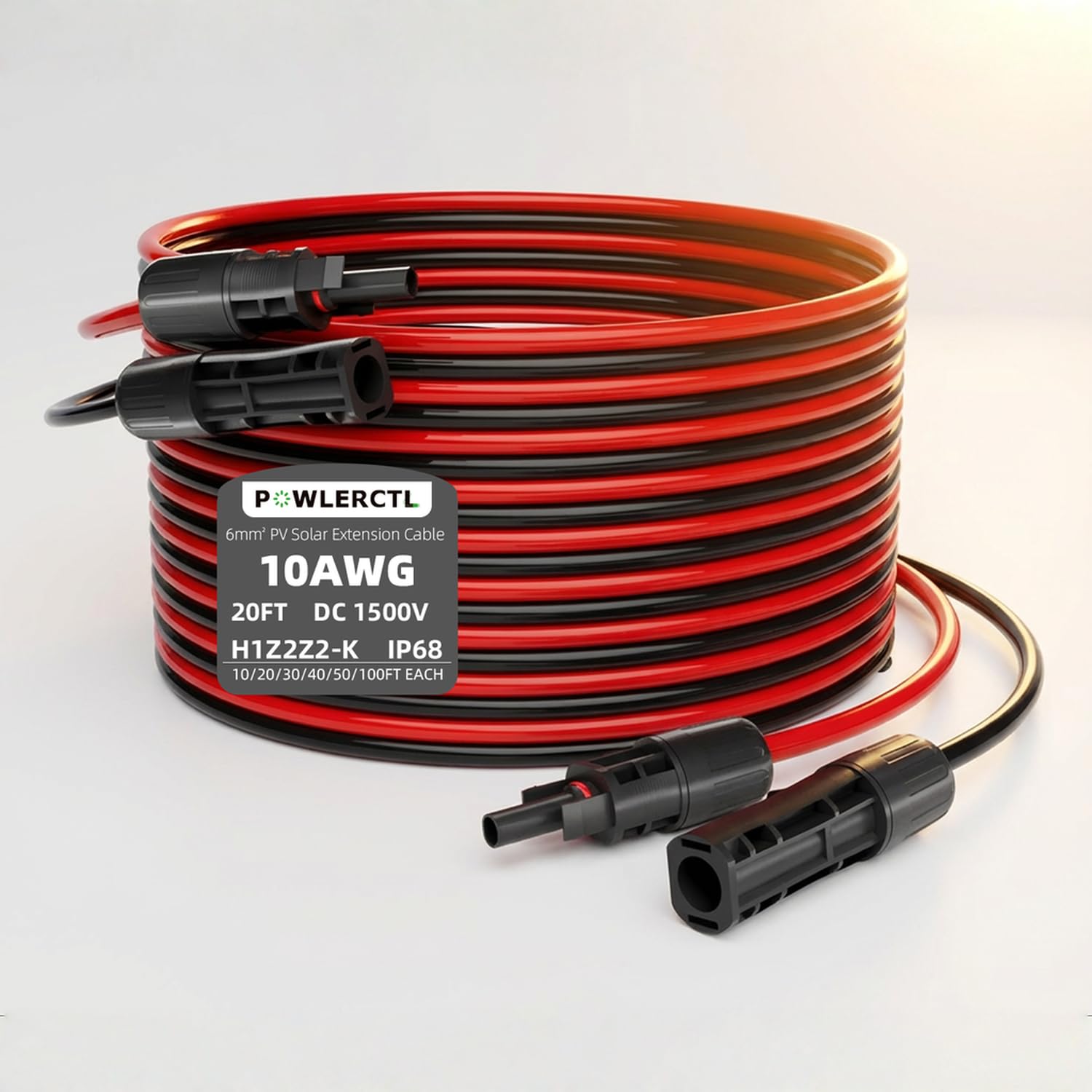 Cable de extensión de panel solar de 10 AWG, cable fotovoltaico de 6 mm² con conectores impermeables macho y hembra, para RV, sistemas fotovoltaicos (10 AWG 20 pies x 2)