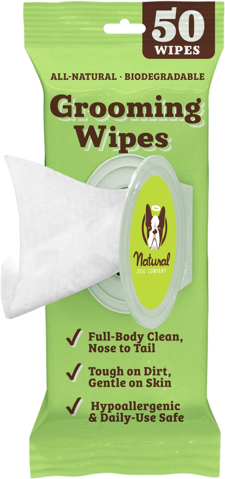 Natural Dog Company XL Grooming Wipes for Dogs โ Hypoallergenic, Biodegradable, Fragrance Free โ Aloe Vera & Witch Hazel โ 7ร8 Wipes for Paws, Face, Ears & Butt โ Sensitive Skin Pet Wipes - 50 Count