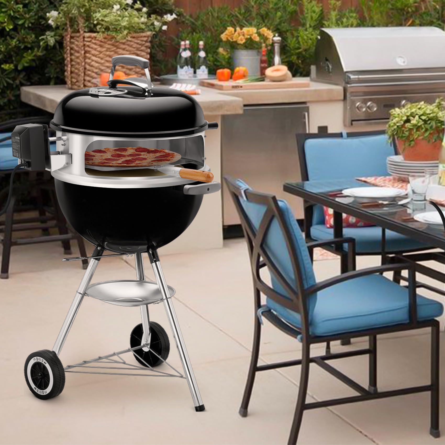 Onlyfire Kit Pizza in Acciaio Inossidabile con Girarrosto, per Arrostire Il Pollo e Cucinare la Pizza per Griglia a Carbone Weber Diametro 47 e Altre Griglie a Carbone da 47 cm