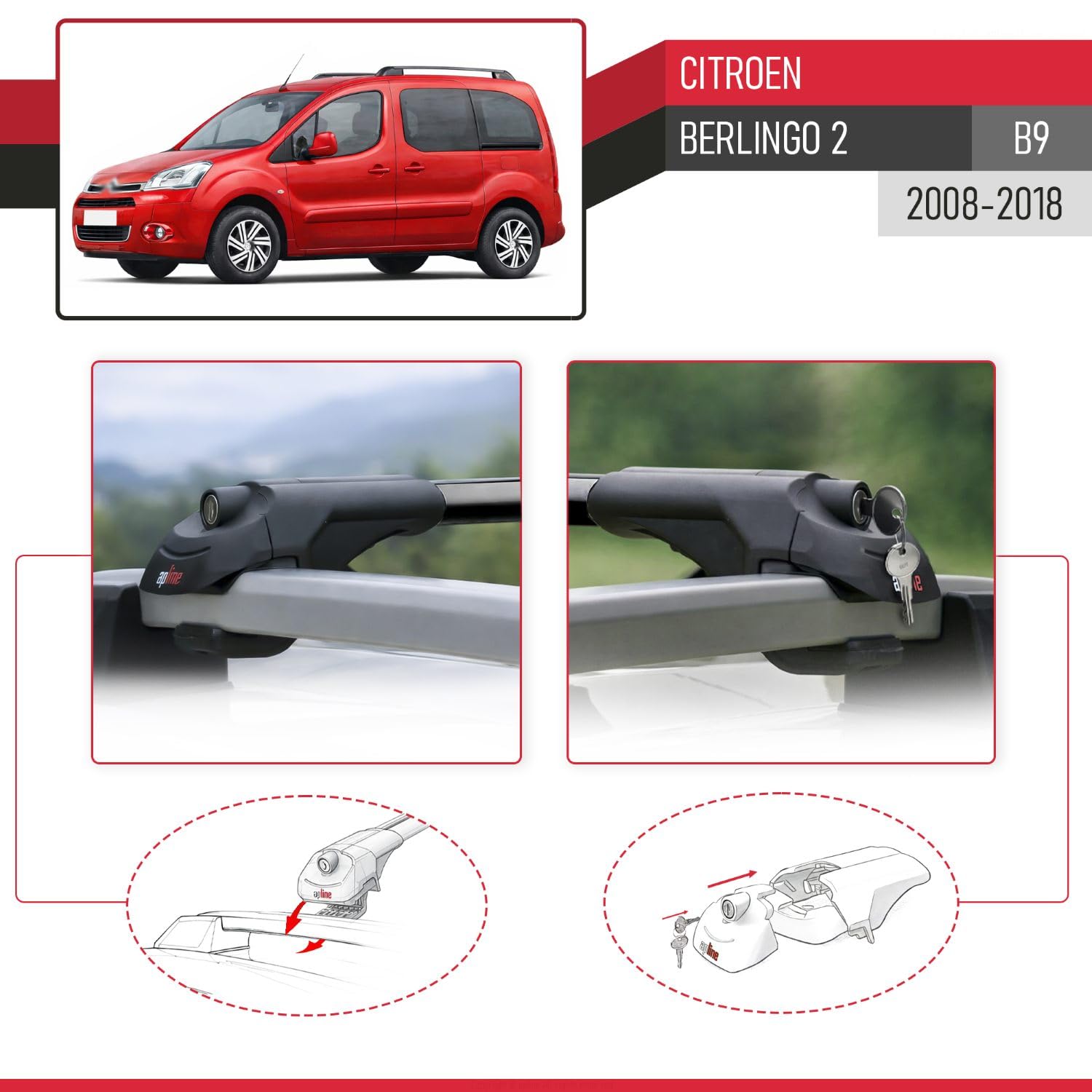 Pasuje do Citroen Berlingo 2 (B9) 2008-2018 ACE-1 relingi dachowe bagażnik samochodowy, czarny, aluminium, 2 pręty