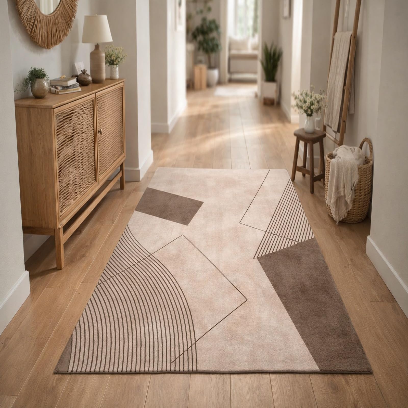 Grand tapis lavable et antidérapant beige et marron géométrique moderne 200x240 cm