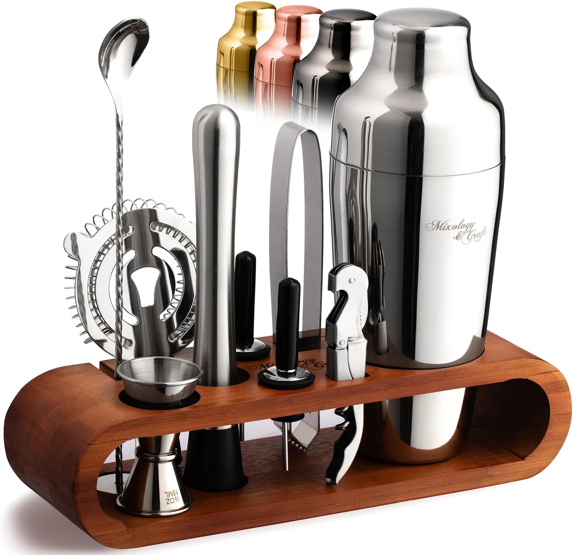 Mixology Cocktail Shaker Set - 10-Piece Cocktail Making Set - Home Bartender Kit in Bamboo Stand with Spoon, Boston Shaker, Other Tools for Drink Mixing, Martini, Mocktail - Gift Set (Silver)