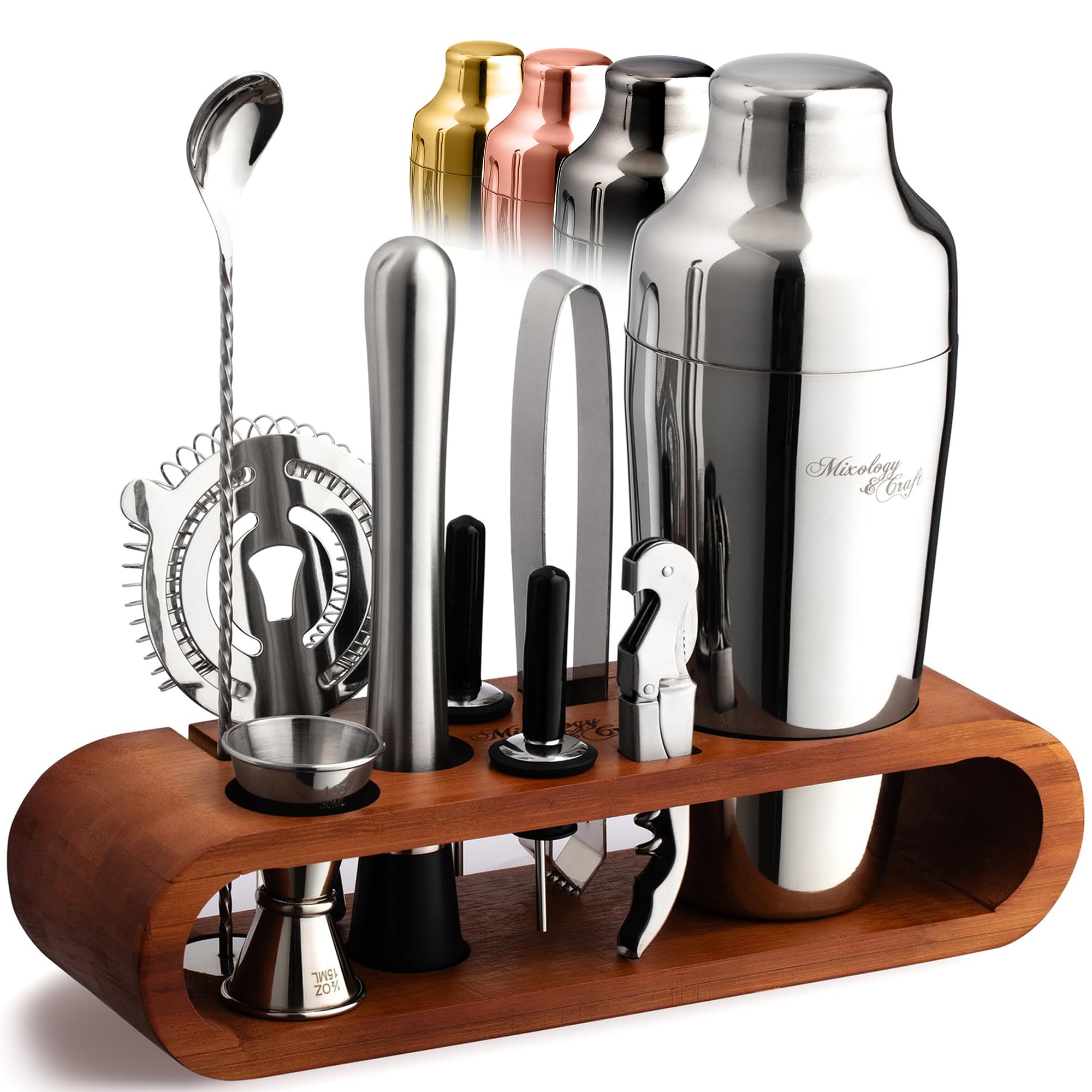 Mixology Cocktail Shaker Set - 10-Piece Cocktail Making Set - Home Bartender Kit in Mahogany Stand with Spoon, Boston Shaker, Other Tools for Drink Mixing, Martini, Mocktail - Gift Set (Silver)