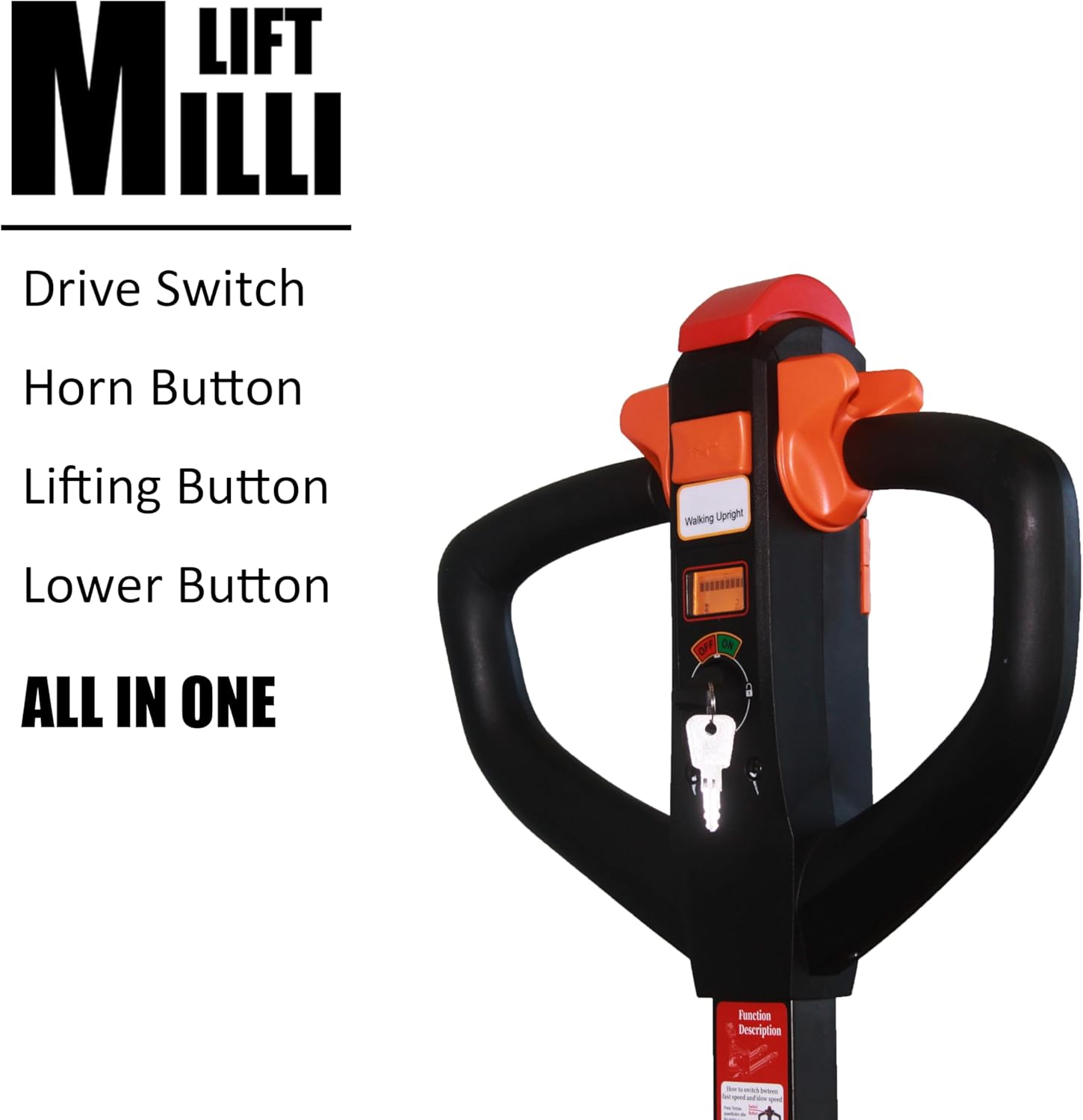 Millilift Electric Pallet Jack,45" L X 21" W Fork Size,3300LB Load Capacity,24V40AH Lithium Battery,2-4H Working Time,Built-in Charger,US-Standard Plug,Black Type