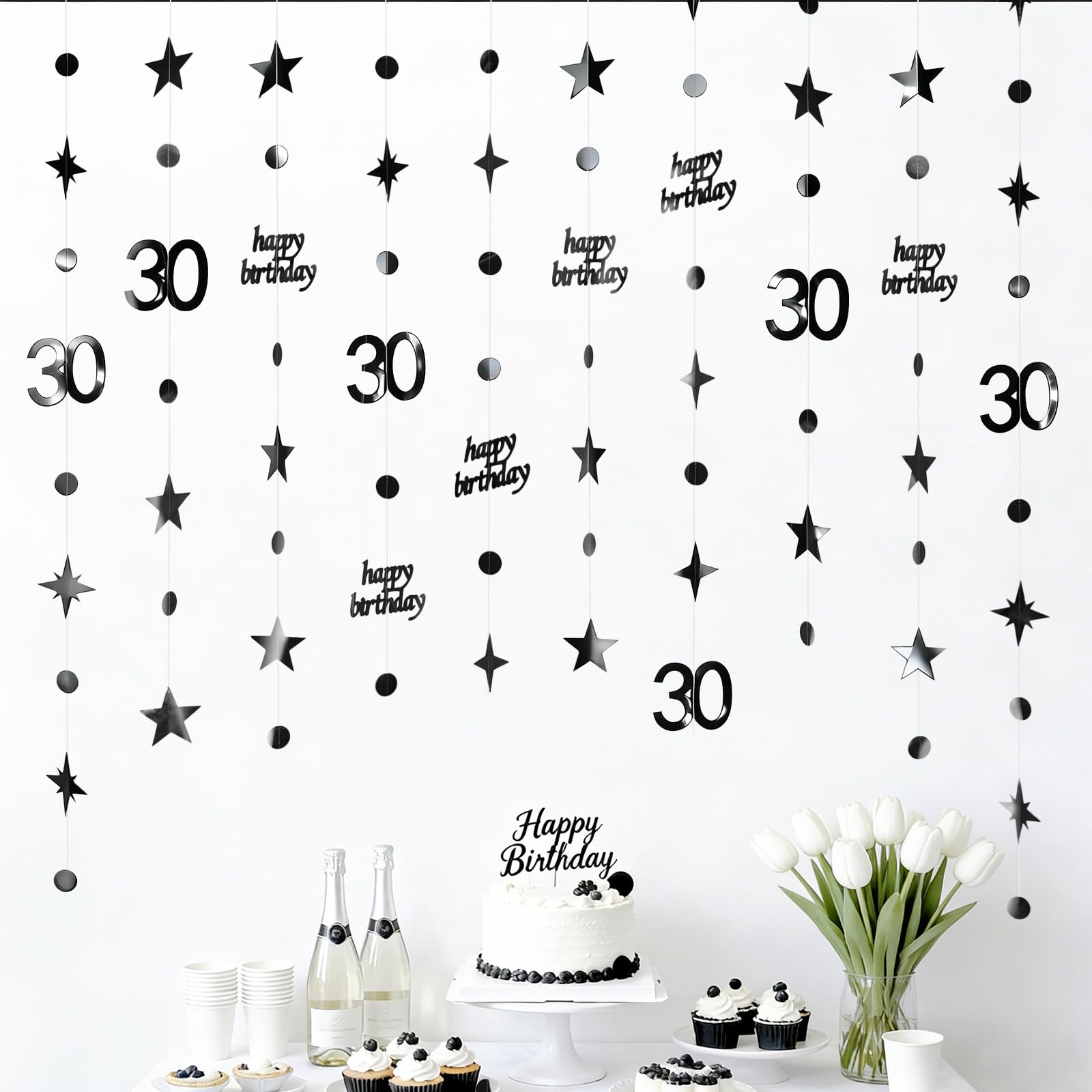 G2PLUS 30th Birthday Paper Garland: 4PCS Black Hanging Paper Garland, 14m Backdrop Streamers, Hanging Party Decorations for 30th Birthday