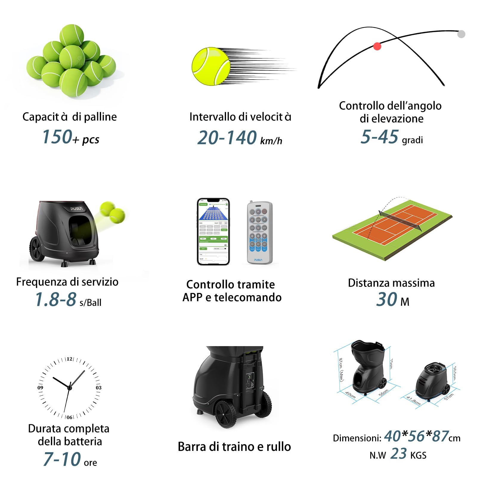 Generico PT-9001Pro Macchina Lanciapalle Tennis - App Control, 35 Punti Programmabili, Batteria 7-10h, 150 Palline, 20-140km/h, Allenatore Tennis Automatico Professionale