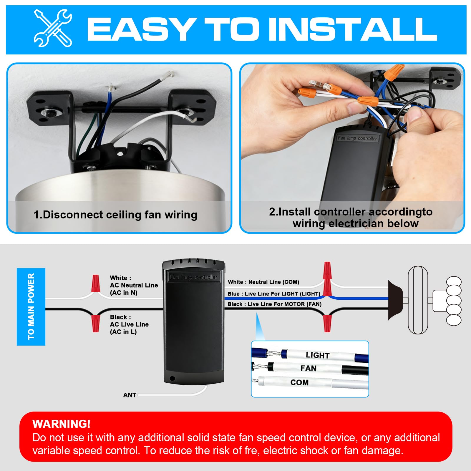 Kit universale per ventilatore da soffitto con interruttore silenzioso, telecomando senza fili con regolazione a 3 marce, controllo della luce e 4 controlli di timming, telecomando senza fili