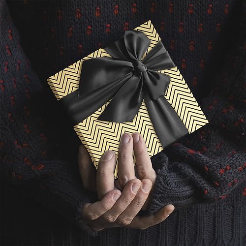 Miniatura 6 de Larcenciel Juego de papel de regalo de regalo, 6 hojas de papel de regalo metálico negro dorado con lazo de regalo y calcomanía, envolturas de