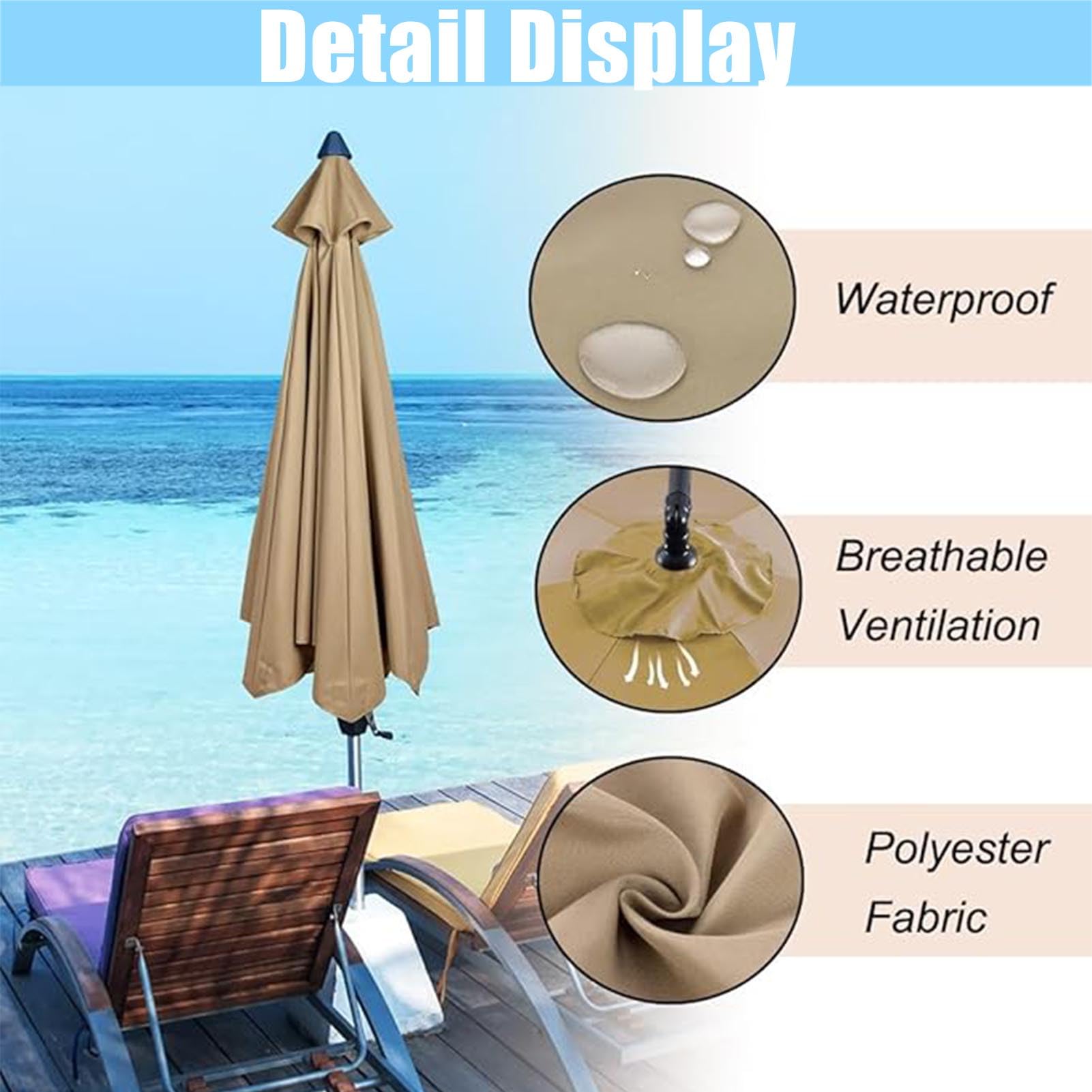 Telo ricambio ombrelloni UV50+ 3.3M /8 Stecche,3.0M /8 Stecche, 3.5M /8 Stecche, 4.0M /8 Stecche, Copertura per Ombrellone Tela Di Ricambio Baldacchino (Beige,3.5m/11.5ft-8 ribs)