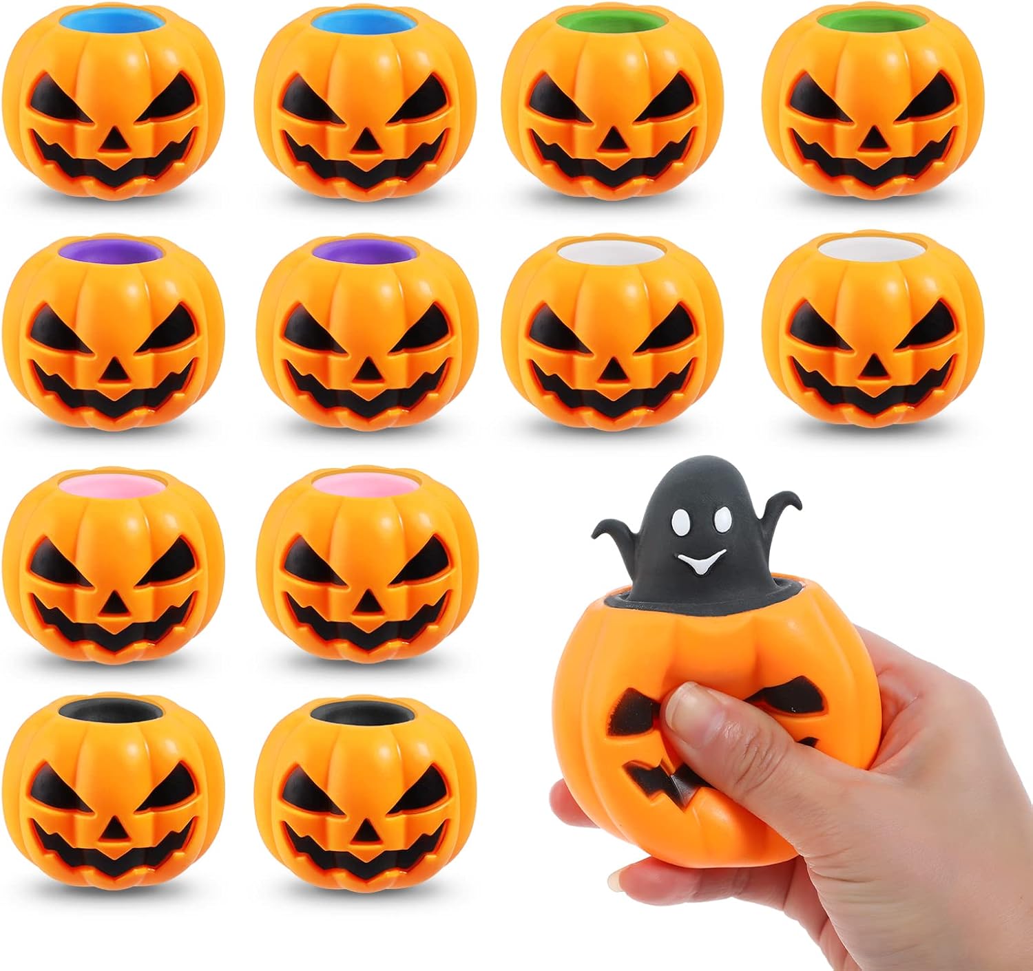 Halloween Pumpkin Squishy Toys - 12PCS 6 Colors Stress Relief Ghost Toy for Trick or Treat Party Suppliers Party Favors Halloween Goodie Bag Fillers for Kids Adults