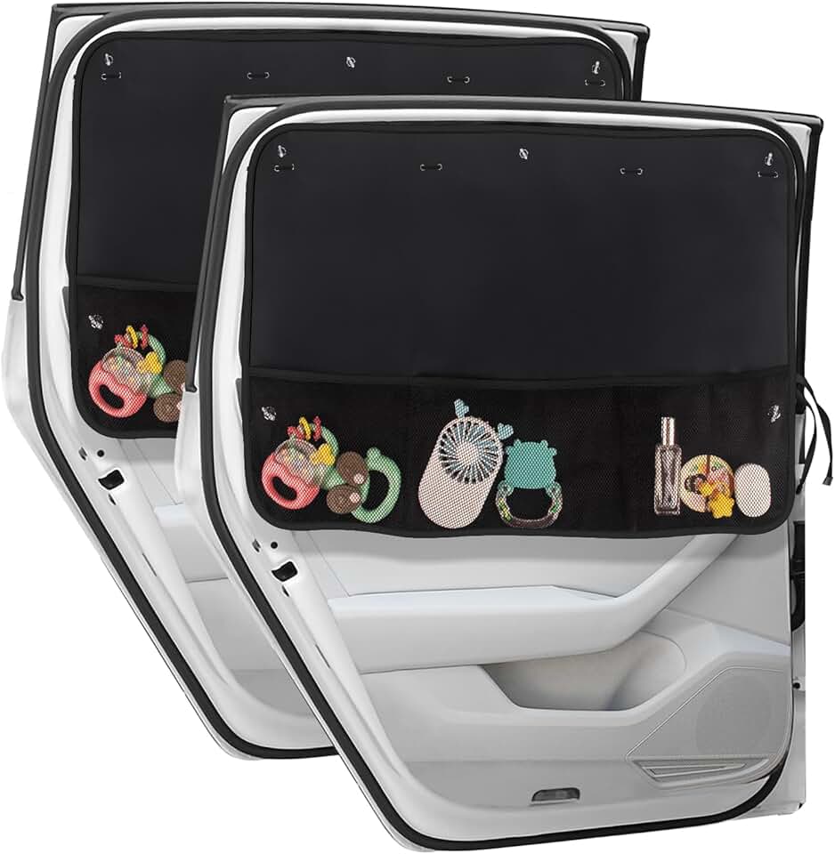 Para-sol de carro, janela lateral, 2 peças blackout para privacidade do bebê com bolsos de rede de armazenamento, cortinas automotivas 7 ventosas para proteção contra calor/proteção UV capas de