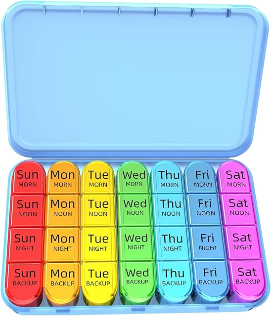 Doruimi Weekly Pill Box Organiser, Small Pill Box 7 Day 4 Times A Day, Pill Organiser with 28 Copartments to Hold Plenty of Medication, Vitamins and Supplements - Blue Case