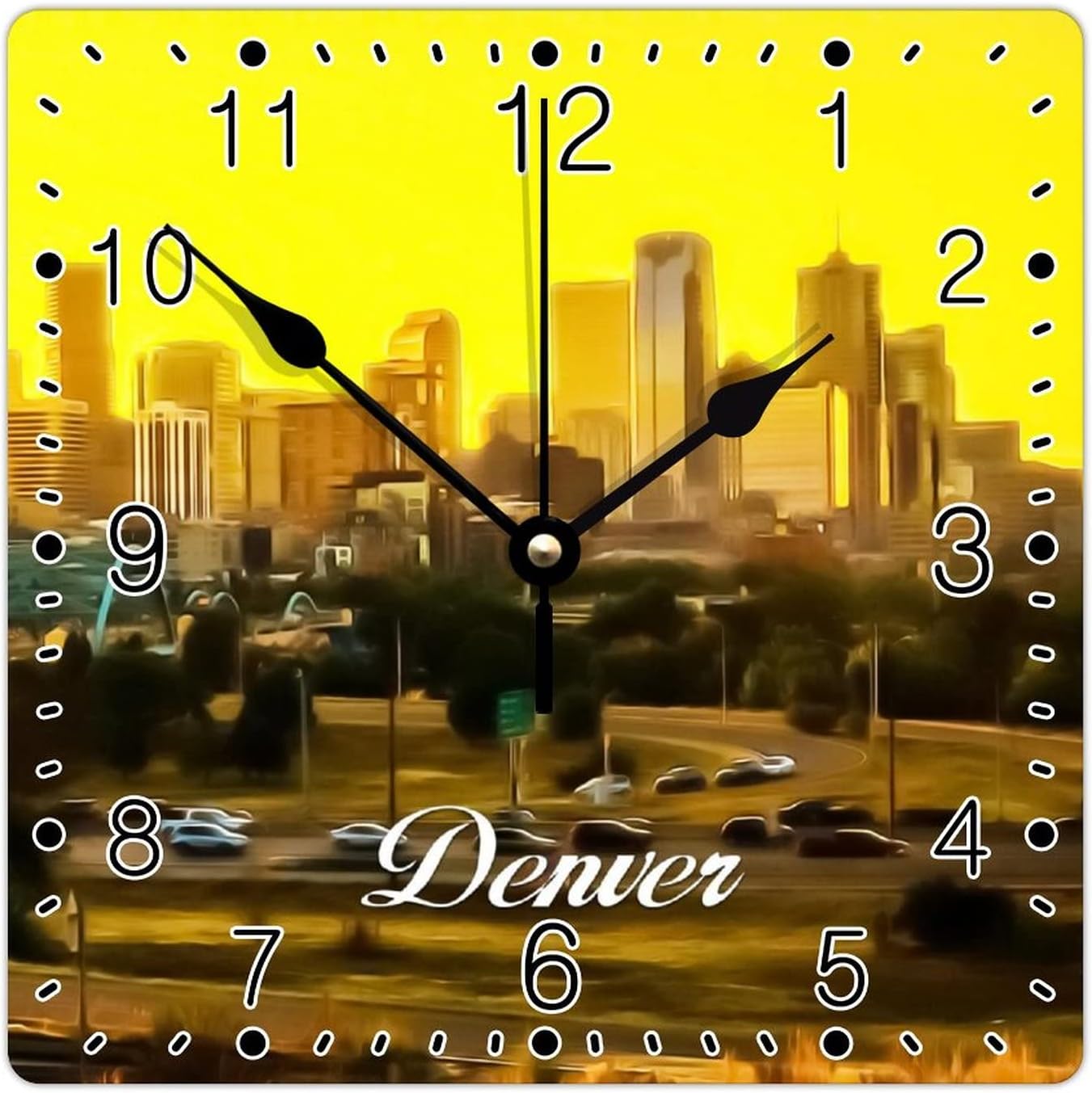 Colorado USA Cityscape Square Wall Clock Denver Travel Clock Large Wall Clocks Battery Operated 12 Inch Silent Non-Ticking Modern Home Decor Wall Decor for Home Kitchen Office School Bathroom