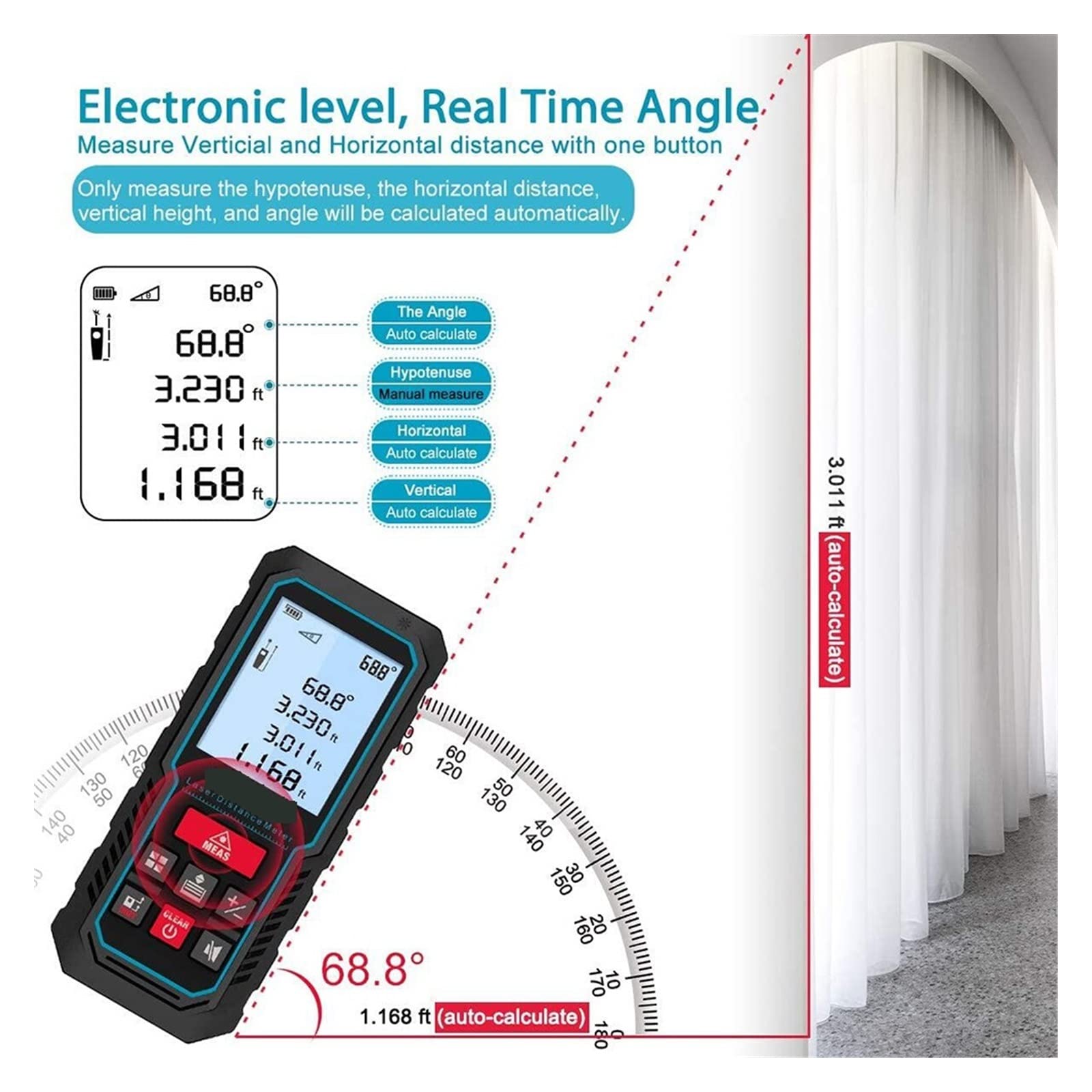 Telémetro de medida láser S2, Mini telémetro de distancia, medidor de ángulo, pantalla de resultado rápido for la construcción del hogar(80m)