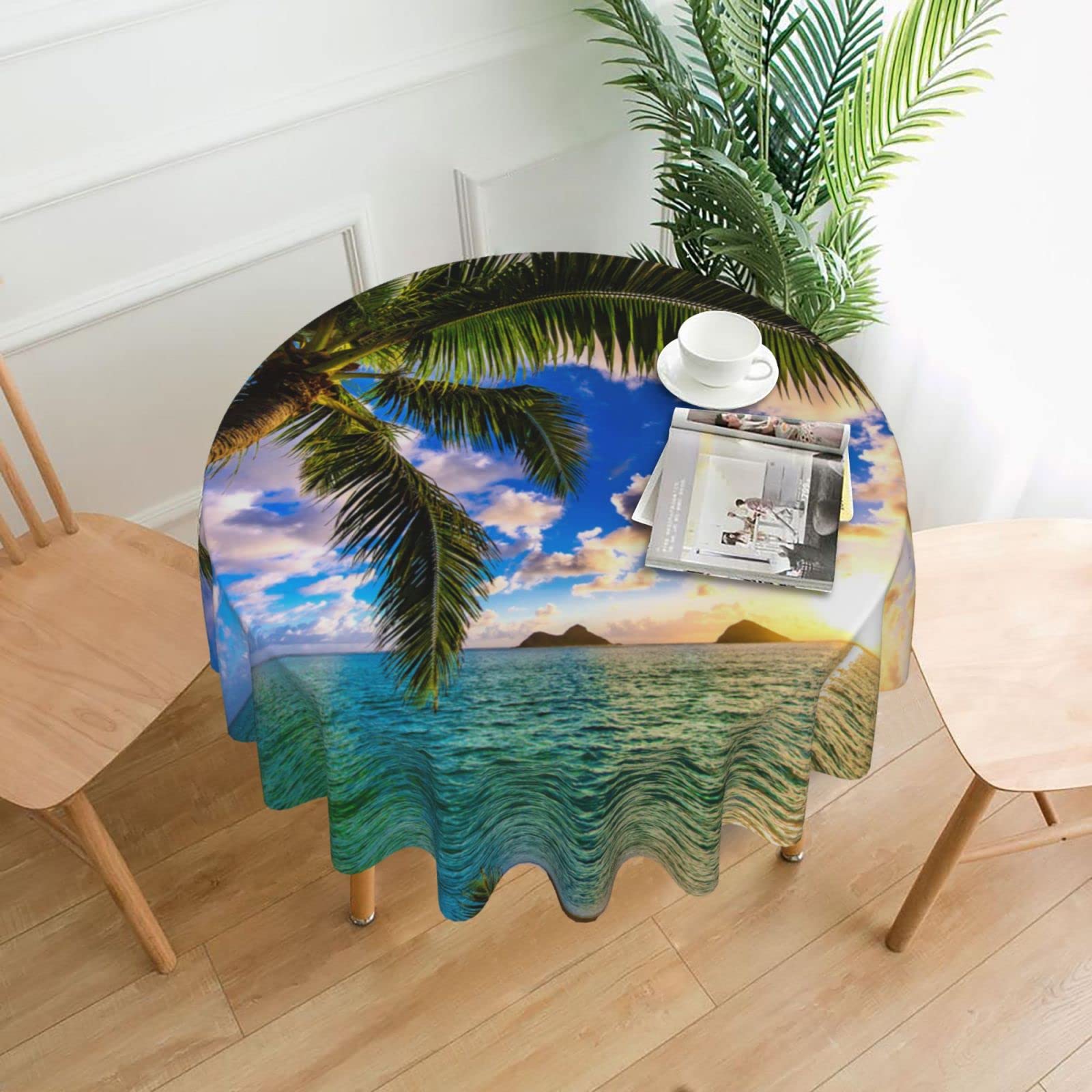 Lawenp Beautiful Sunrise Ocean Decorative Round Table Cloths - 60 Inches in Diameter for Buffet Tables, Parties, Holiday Dinners.