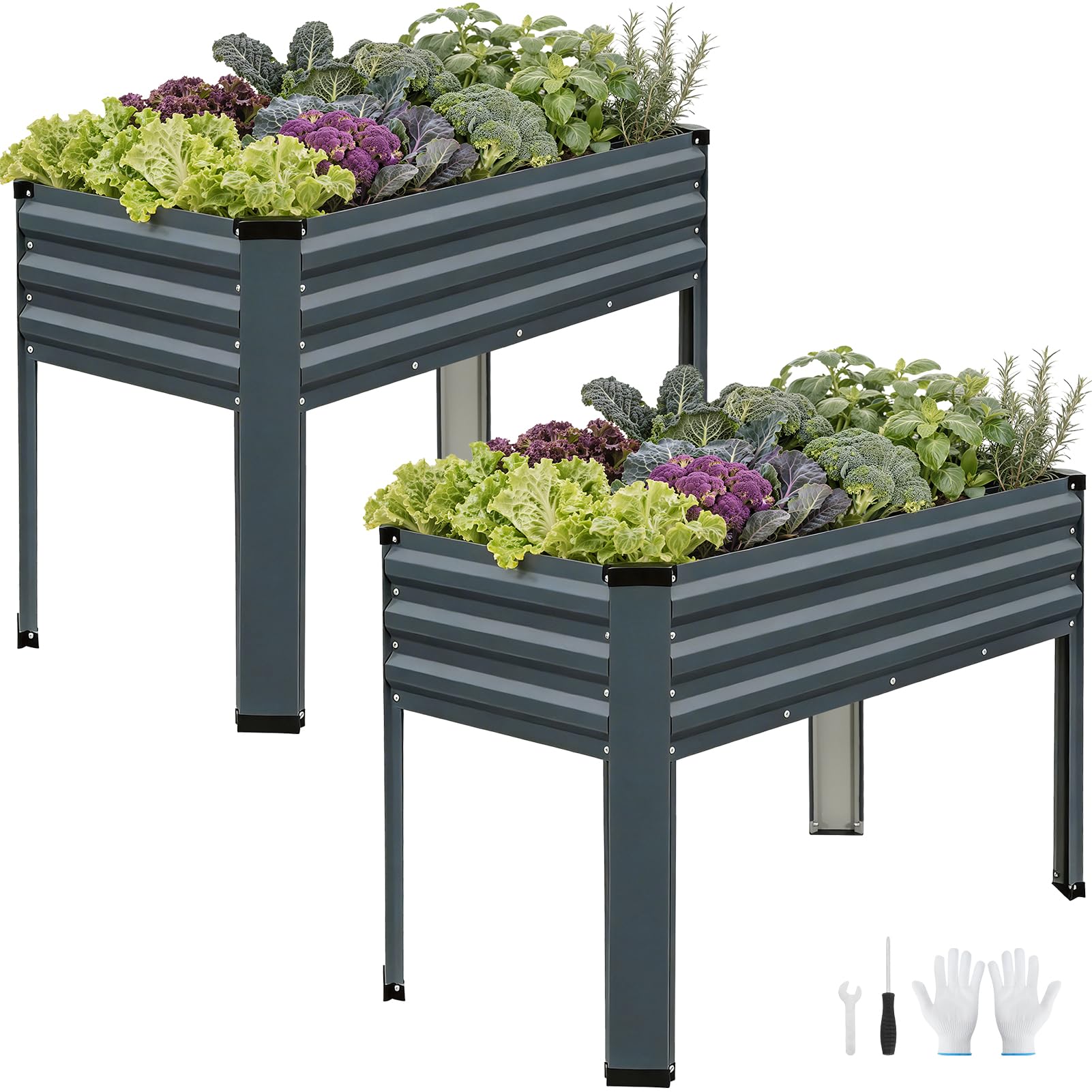 Vireo Garden Grey Galvanized Raised Garden Beds Outdoor-Metal Planter Raised Beds With Legs For Gardening, Elevated Planter Boxes Outdoor With Rubber Border For Vegetables, Flowers & Fruits-.2Pack