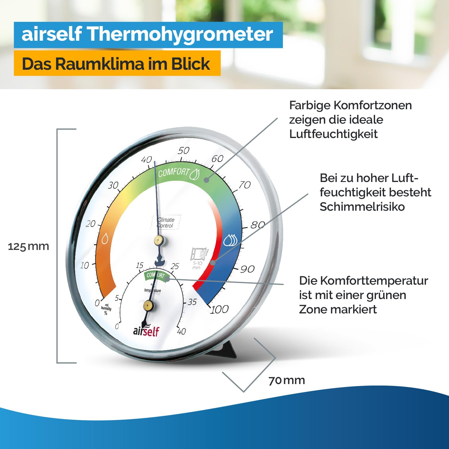 Schimmeltest + Thermohygrometer analog für bis zu 6 Räume | zum Check der Schimmelbelastung, inkl. analogem Thermo-Hygrometer