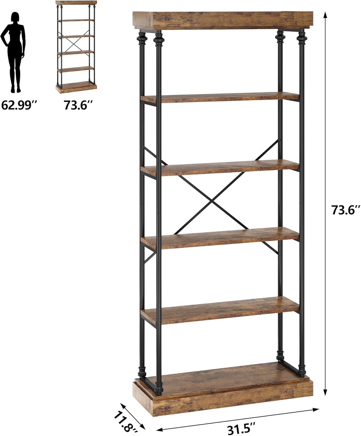 CABIHOME Bookshelf Industrial Bookcase Wooden Storage Open Rack Shelf with Metal Frame Rustic 6 Tier Tall Standing Bookshelves Large Display Rack for Bedroom,Living Room and Home Office