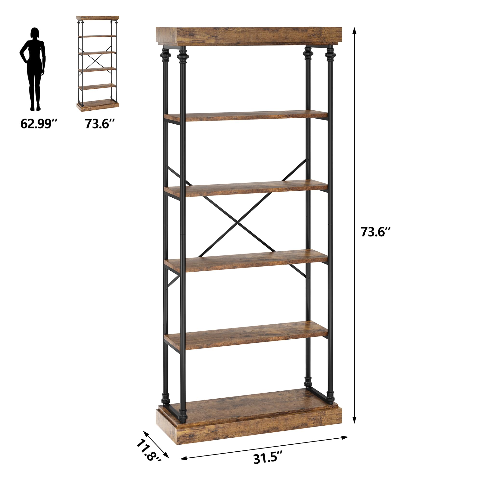 Garvee Estantería de Libros Alta de 5 Niveles – Estilo Industrial Independiente – Estructura de Metal Negro y Madera – Estantes Abiertos para Oficina, Sala de Estar, Dormitorio, Cocina, 190cm, Marrón