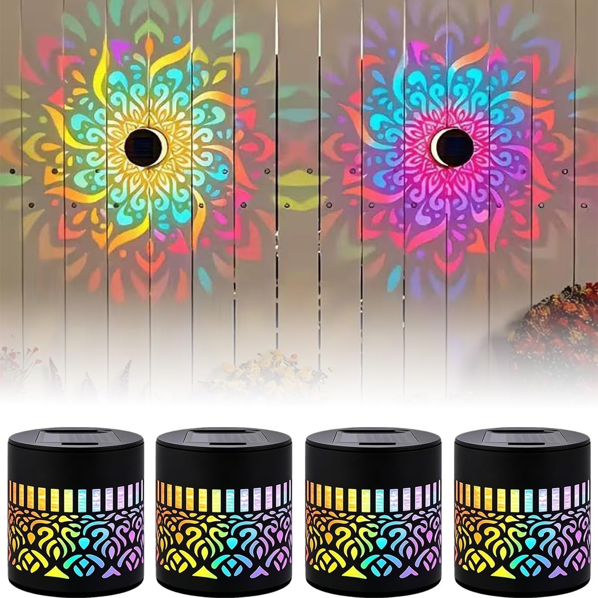 JKJYHF54 Decorative Solar Mandala Lights, Seven-Color Changeable Waterproof Mandela Solar Fence Lights, Mandala Lights Outdoor for Garden Post Patio Backyard Yard Decor(4 PCS)
